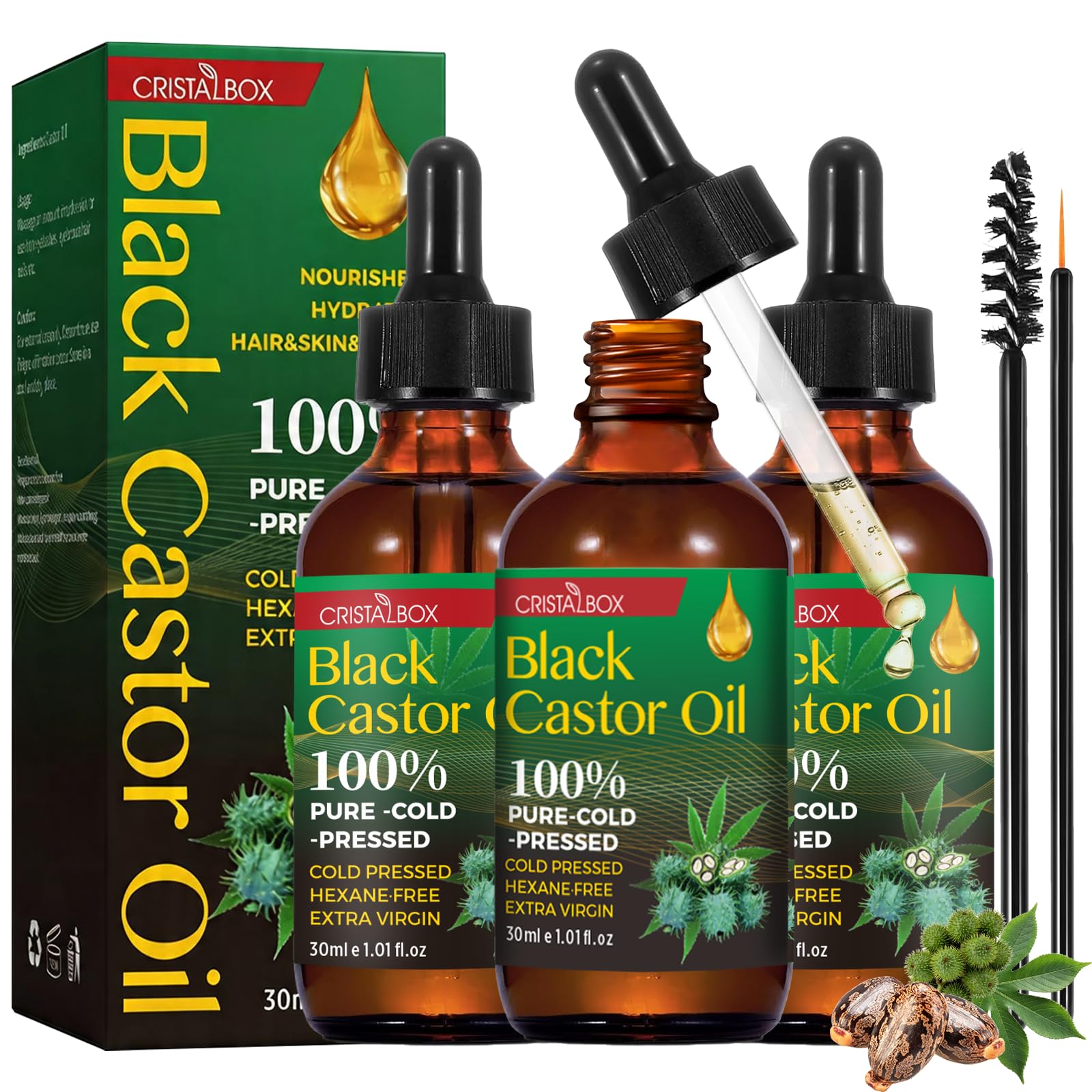 3 Pack Jamaican Black Castor Oil in Glass Bottle, 100% Pure Castor Oil Organic Cold Pressed for Hair Growth, Eyelashes, Eyebrows