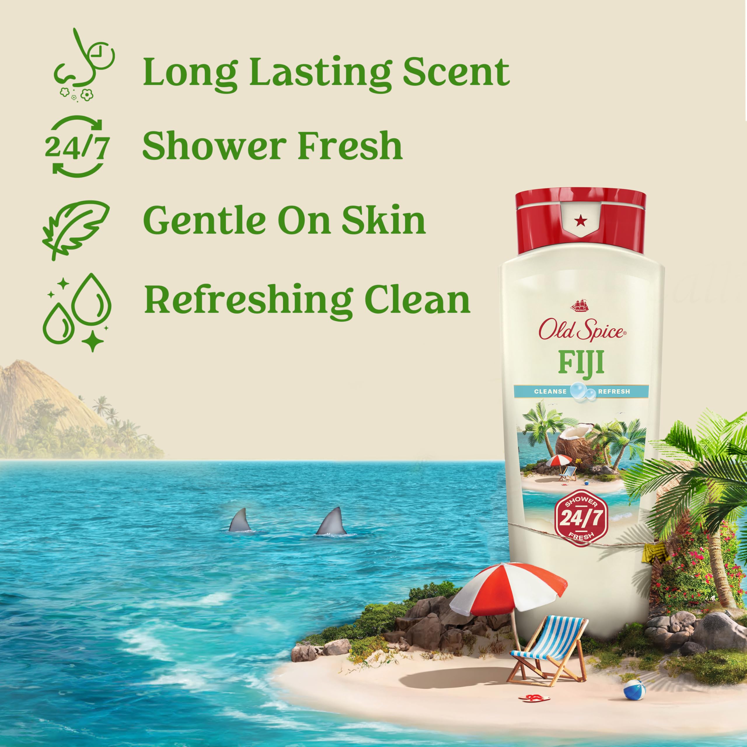 Old Spice Body Wash For Men, 24/7 Shower Fresh With Long Lasting Scent, Fiji With Palm Tree Scent, 18 Fl Oz (Pack Of 4)