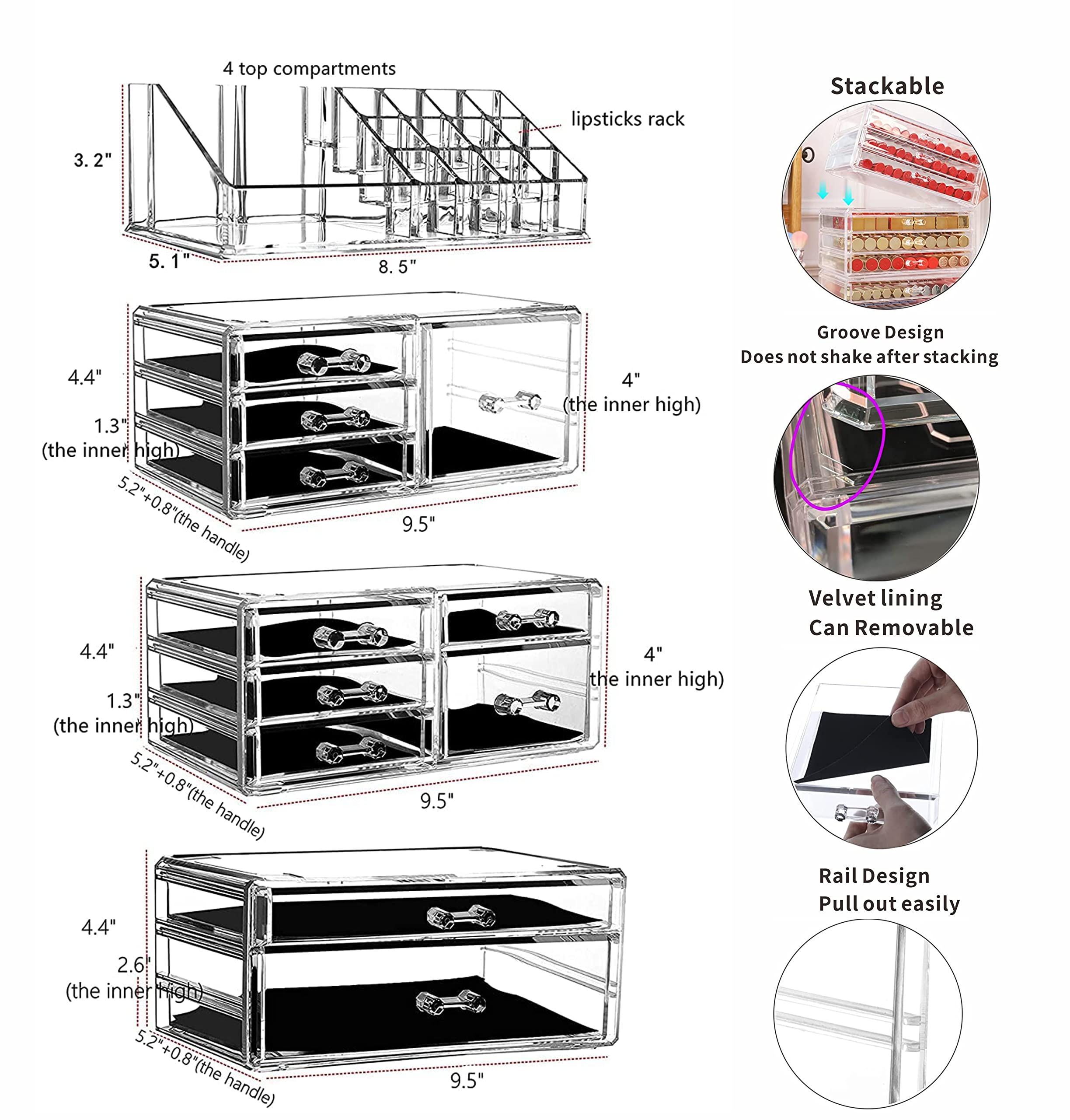 Cq Acrylic 4 Pack Clear Make Up Organizers For Vanity, Stackable 11 Drawers Make Up Organizer,Cute Desk Organizer For Vanity Jew