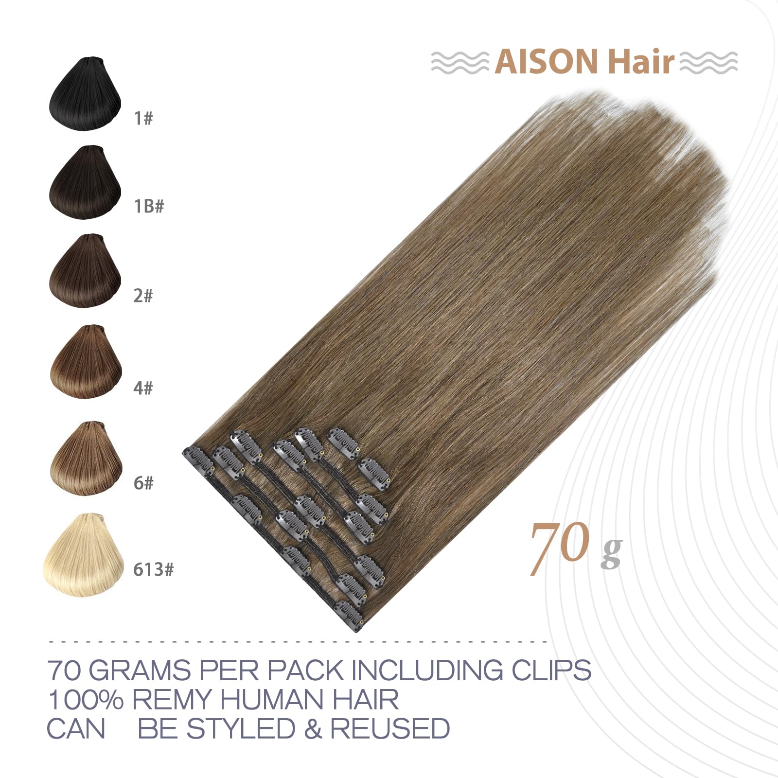 Aison Ash Brown Hair Extensions Real Human Hair Clip In 70G 100% Remy Human Hair Soft Silky Straight 7Pcs 16Clips One Pack (18 I