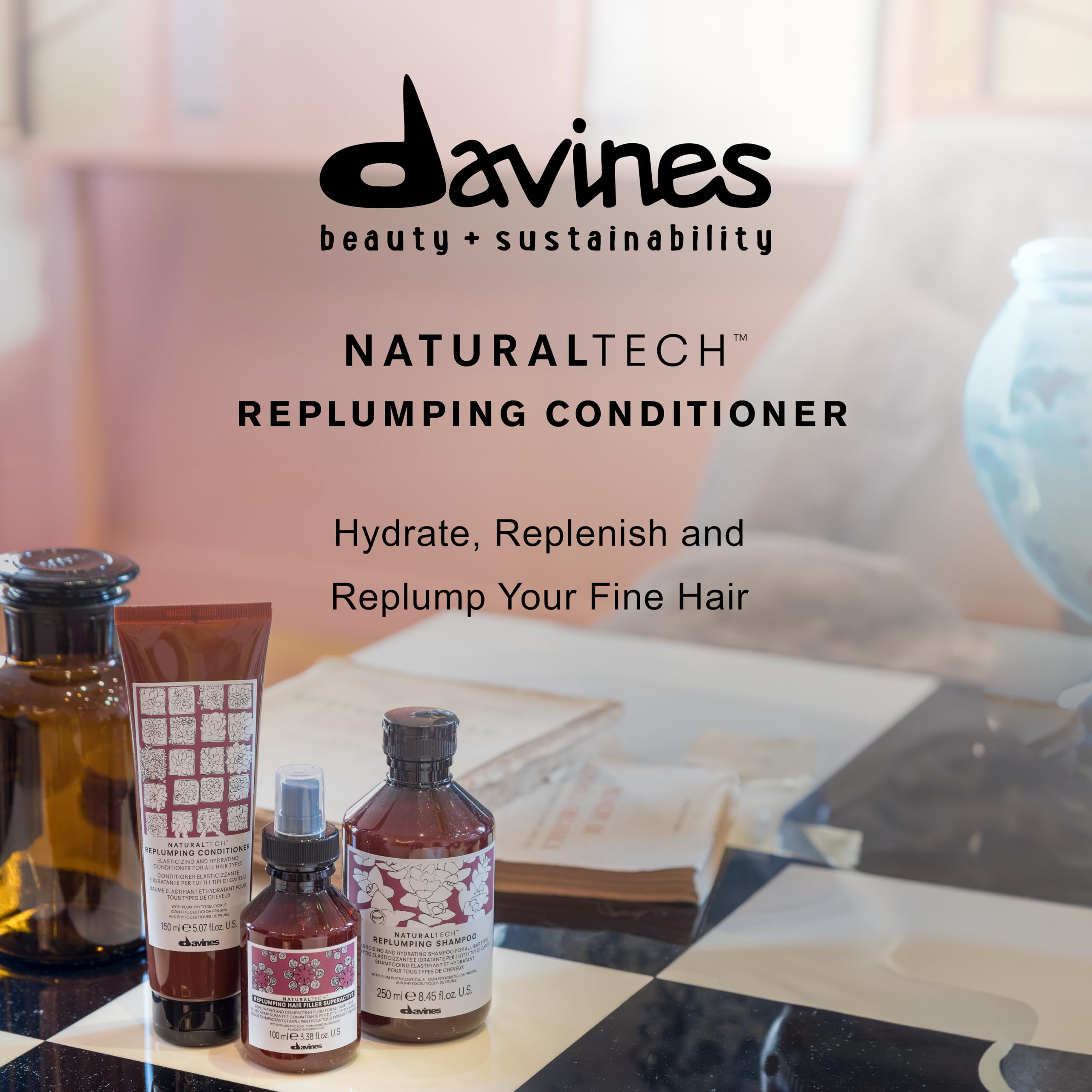 Davines Naturaltech Replumping Conditioner, Renew Elasticity While Replenishing, Moisturizing And Detangling, 5.07 Fl. Oz.