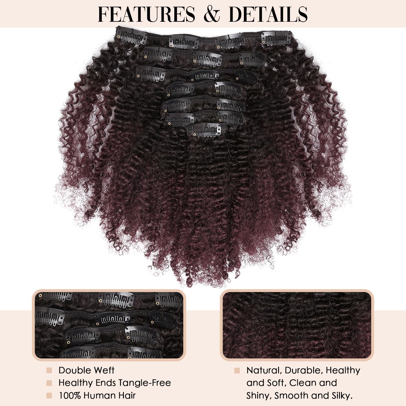 Caliee Virgin Hair Afro Kinky Curly Clip Ins Human Hair Extension Brazilian 4A And 4B Curly For African American Black Women Red