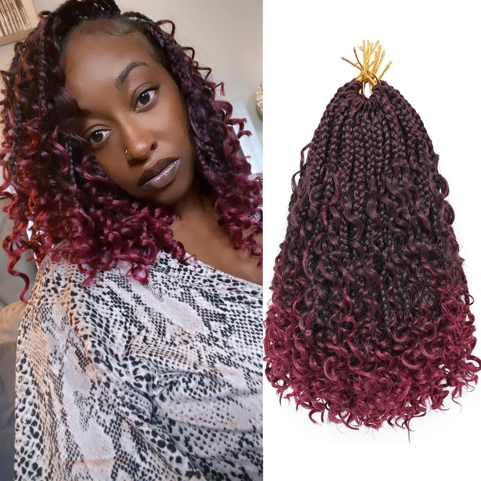 Goddess Box Braids Crochet Hair for Woman 12 Inch 7packs Short Pre-looped Crochet Box Braids Curly Ends Bohemian Hippie Braids B