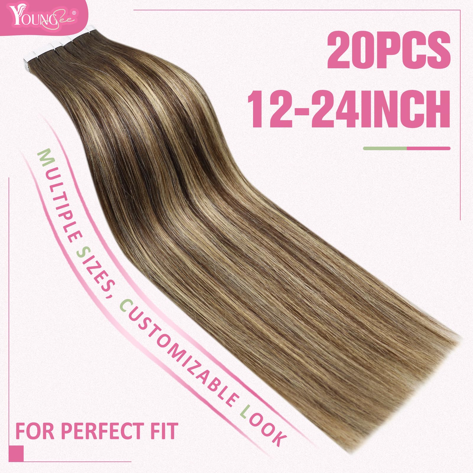 YoungSee Tape in Human Hair Extensions Brown Balayage Human Hair Extensions Tape in Dark Brown Ombre Blonde Seamless Tape in Hai