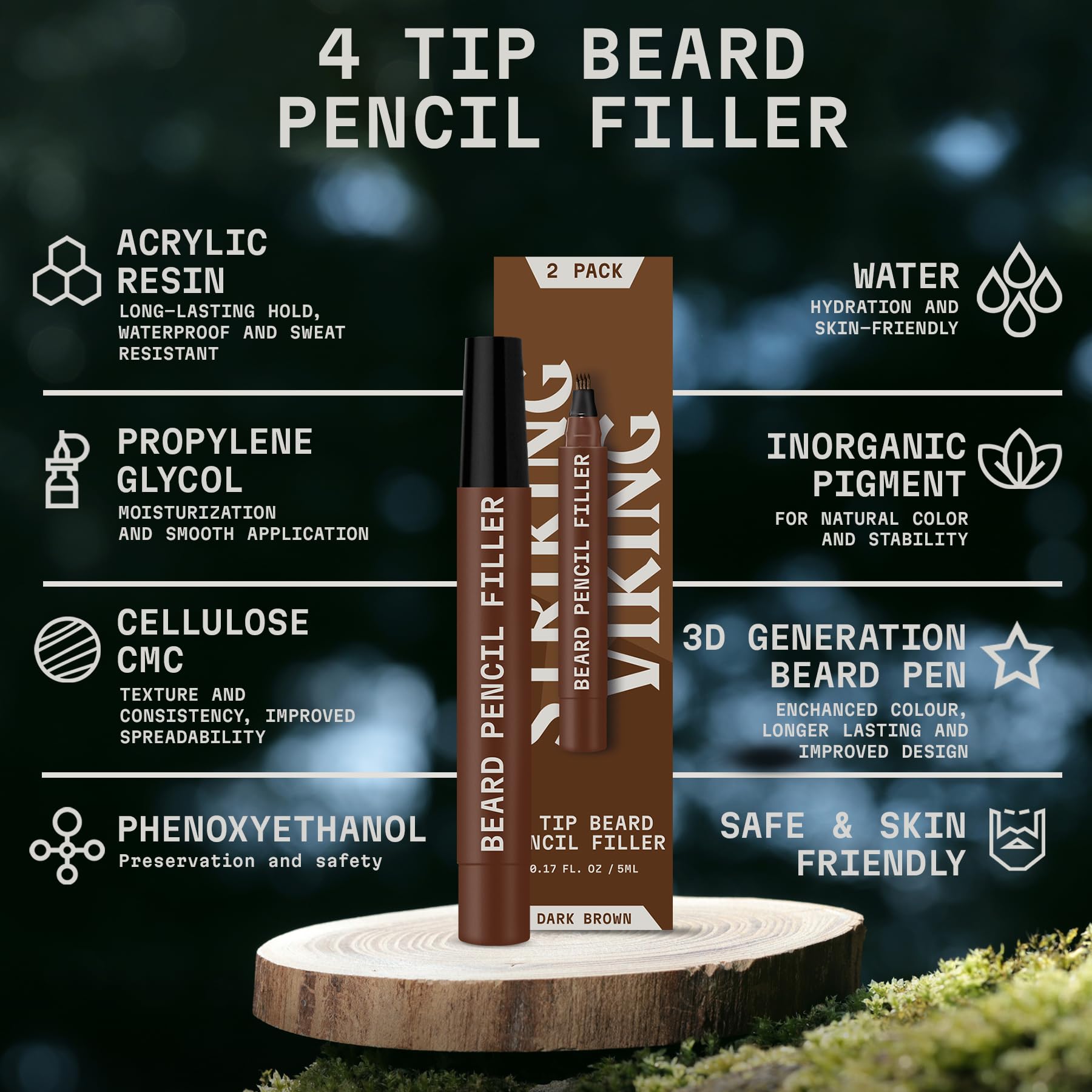 Striking Viking 2 Pack Beard Pencil Filler For Men With 4 Tips - Waterproof Formula Beard Filling Kit With Brush - Beard Filler