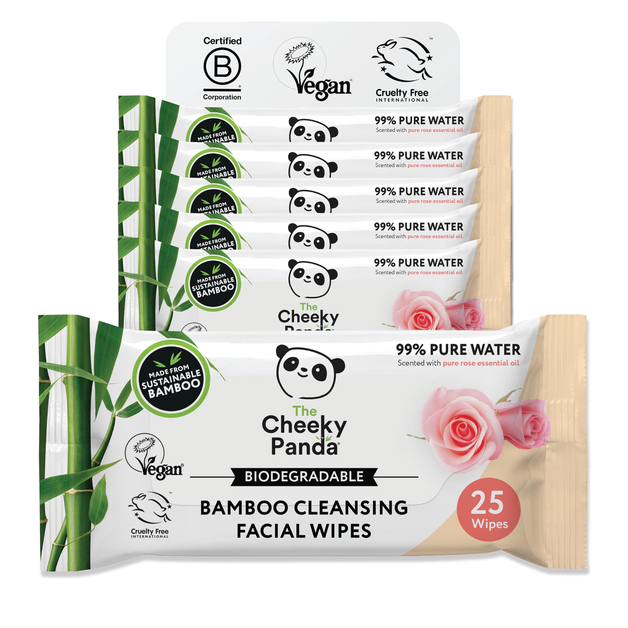 The Cheeky Panda Bamboo Face Cleanser Makeup Remover Wipes Rose Scented | 6 Packs of 25 Face Wipes | 99% Purified Water Wipes | 