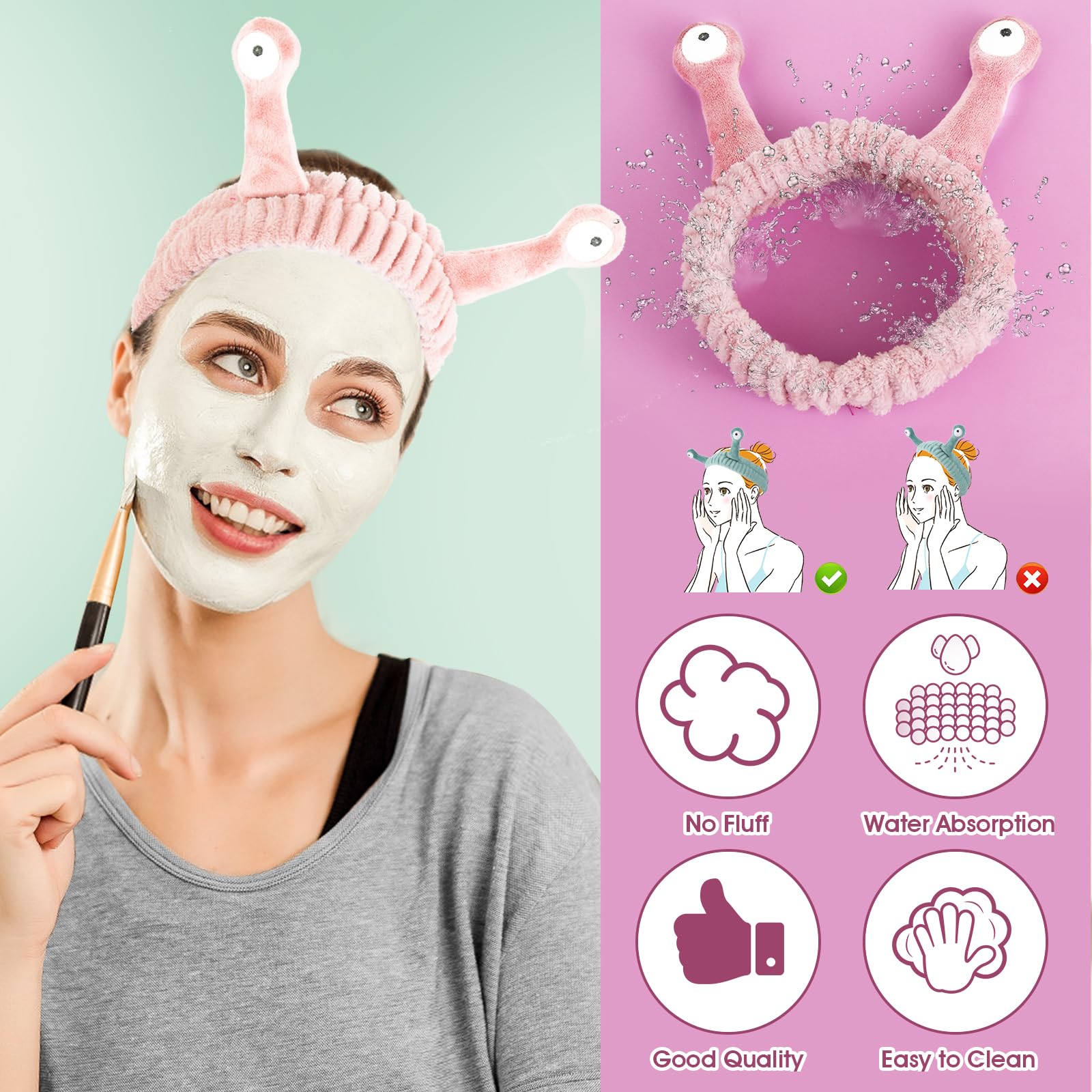 WLLHYF Spa Headband Facial Makeup Head Band Microfiber Soft Coral Fleece Head Wraps Snail Cartoon Cute Hair Accessories Elastic