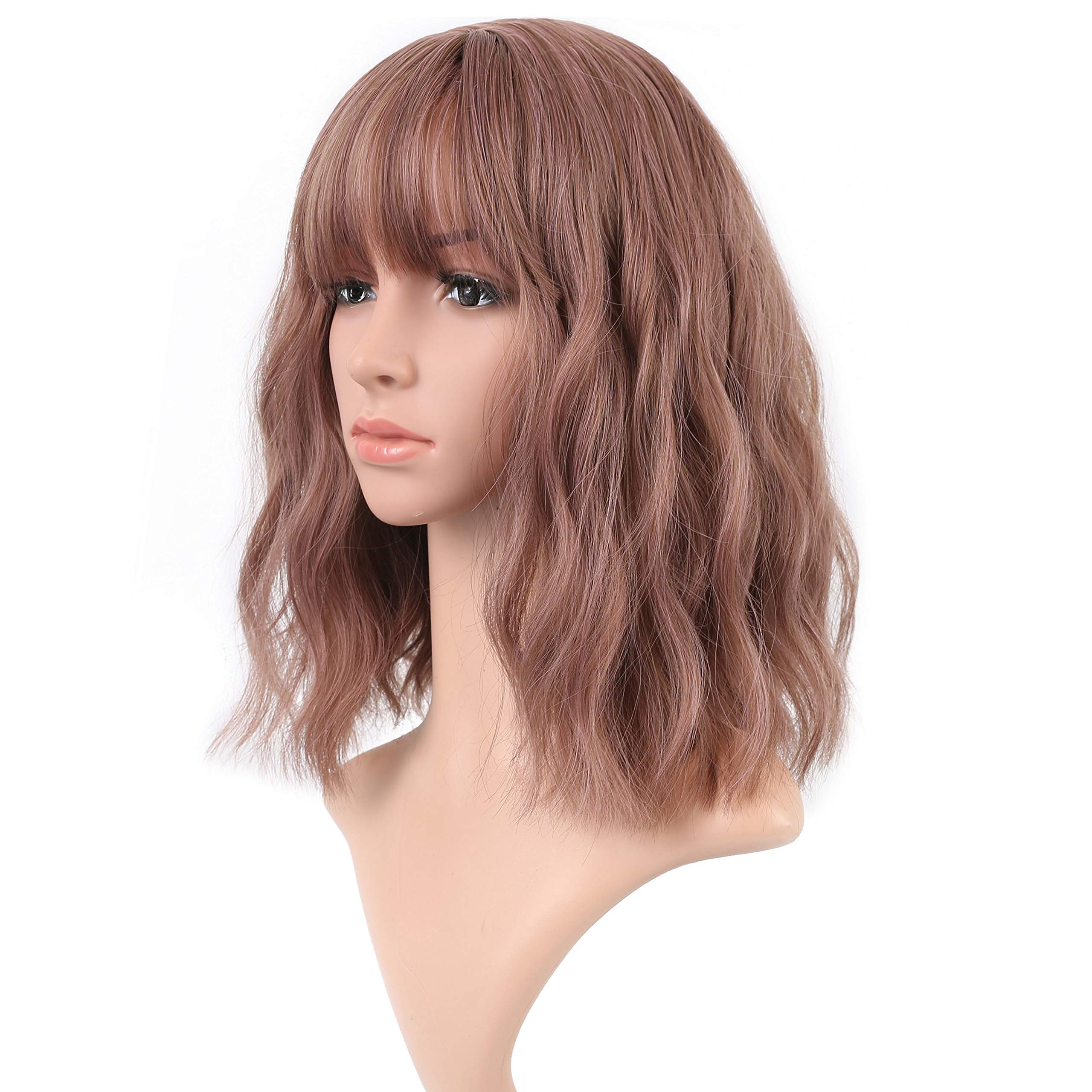 VCKOVCKO Rattan Short Natural Wavy Wig With Air Bangs Shoulder Length Curly Cosplay Synthetic Wig Bob Wig for Girl and Women's C