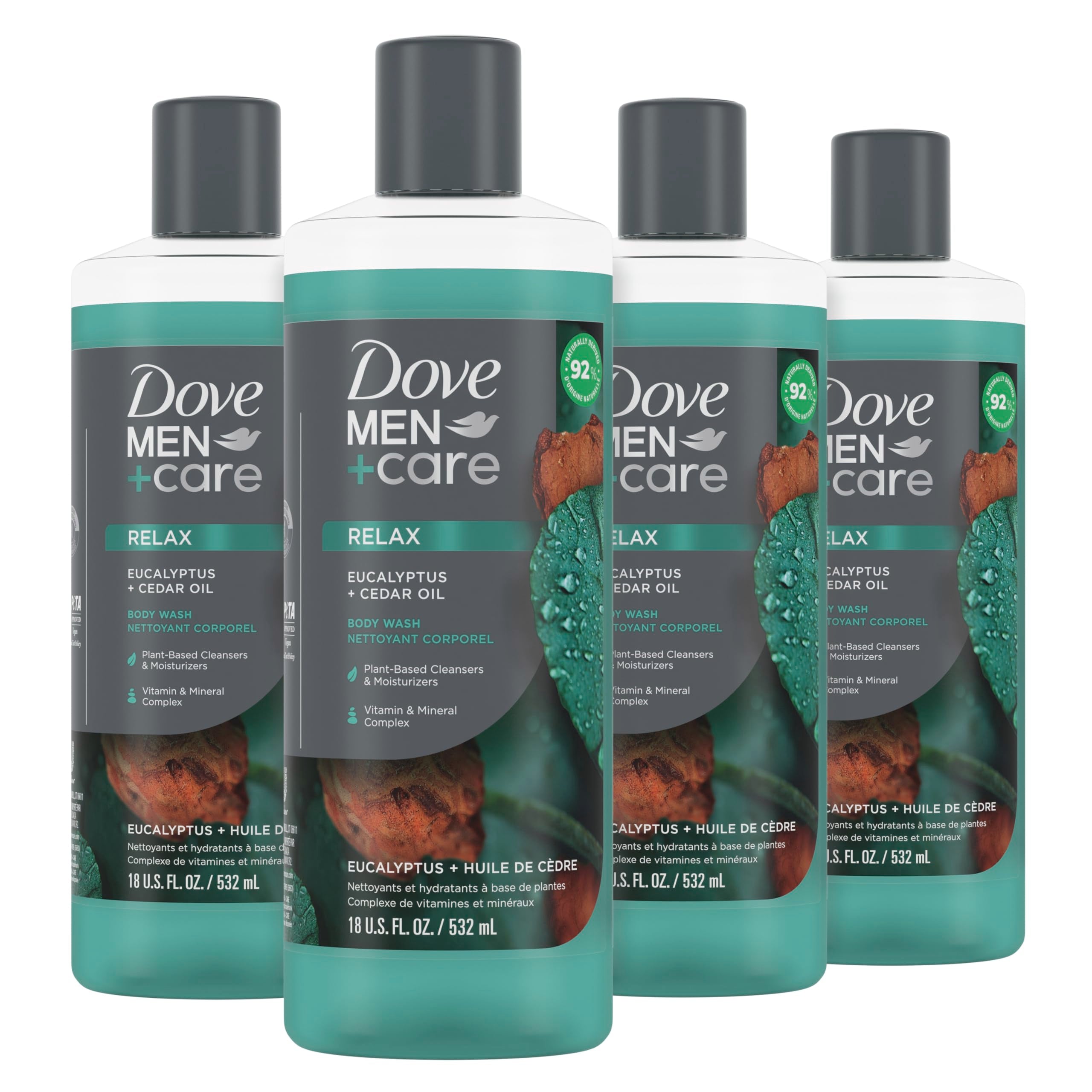 Dove Men+Care Body Wash Eucalyptus + Cedar Oil 4 Count To Rebuild Skin In The Shower With Plant-Based Cleansers And Moisturizers