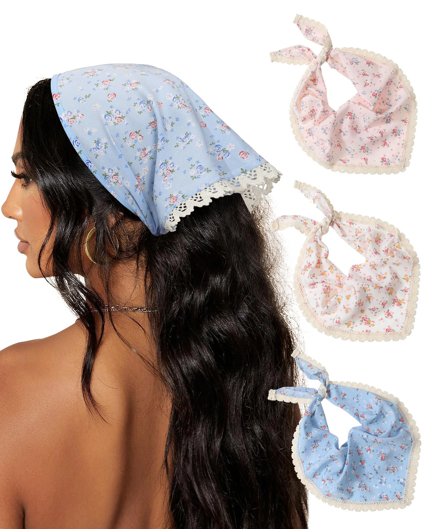 AWAYTR 3Pcs Floral Hair Bandanas Chiffon Head Kerchief for Women Girls Boho Hair Scarf Headband Bandana Daisy Lace Head Scarf (F