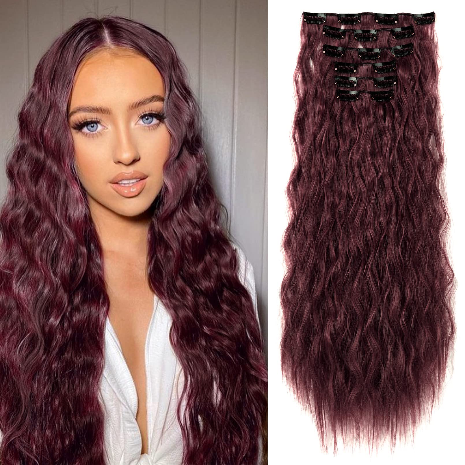 LONAI Clip In Hair Extensions, 6PCS Curly 24 '' Long Synthetic Clip On Hairpiece For Women-Burgunry