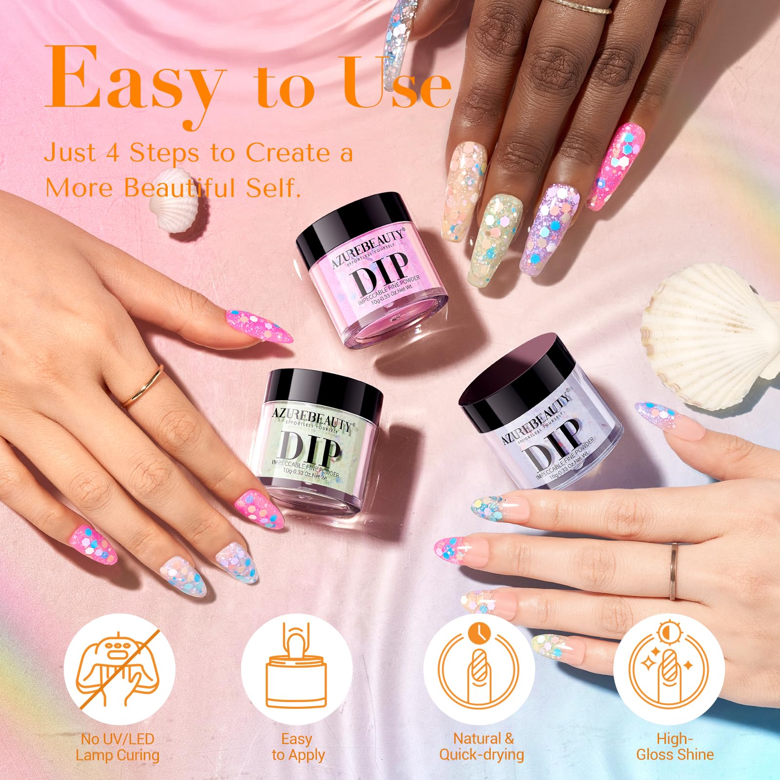 Azurebeauty Dip Powder Nail Set, 6 Colors Pink Purple Green Glitter Cheese Colors Natural Dipping Powder Starter Spring Kit, Fre