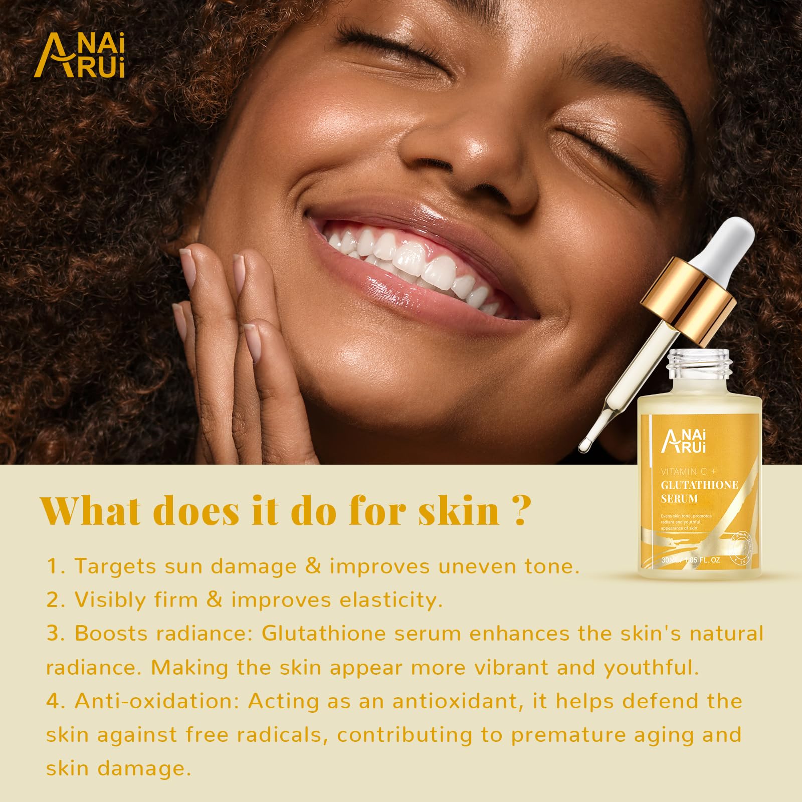 ANAI RUI Vitamin C Glutathione Serum with Hyaluronic Acid, and Niacinamide, for Dark Spots,Wrinkles, Improves Skin Tone, Hydrati