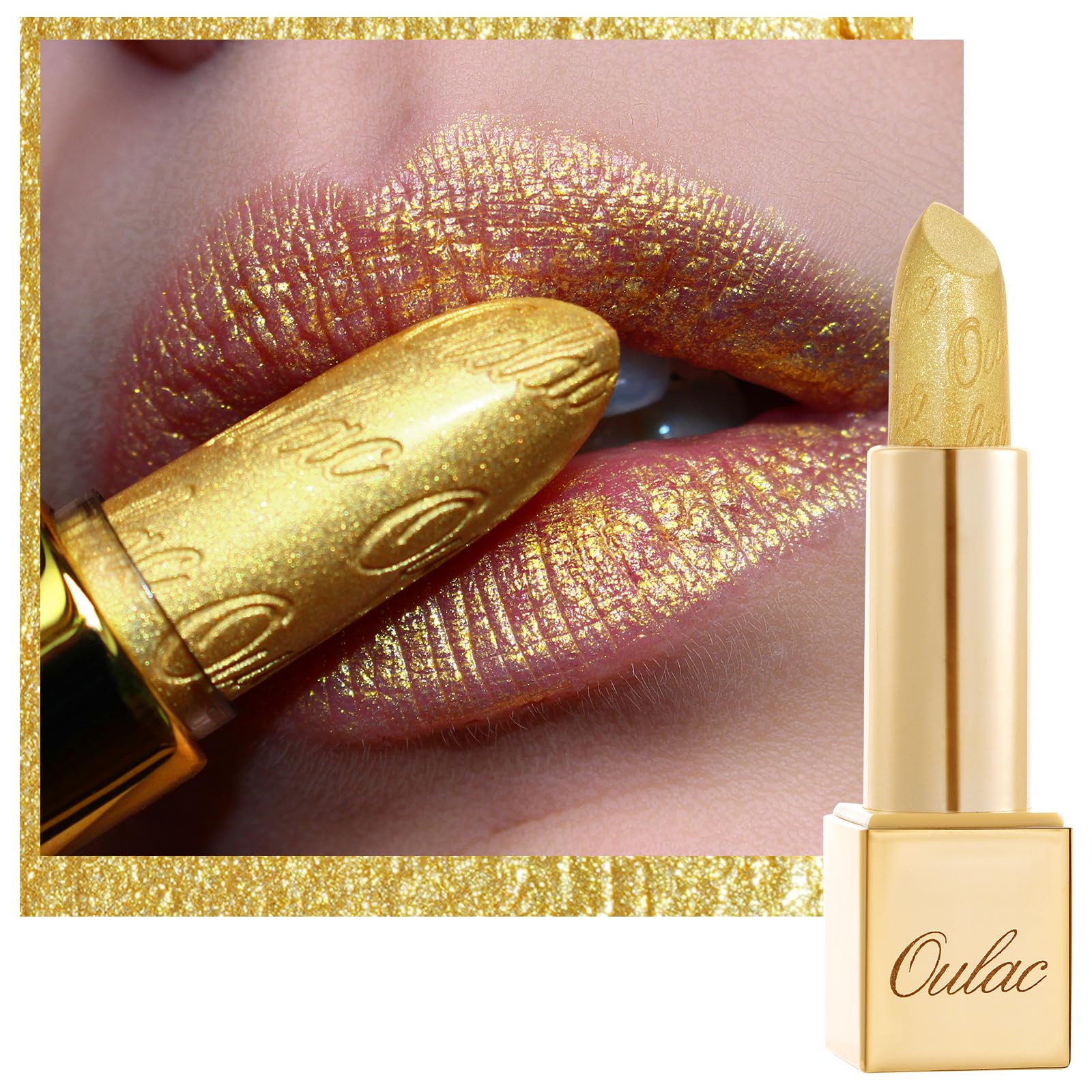 Oulac Glitter Gold Lipstick for Women with Metallic 3D Shine Lightweight Hydrating Formula, High Impact Lip Color, Vegan Beauty,