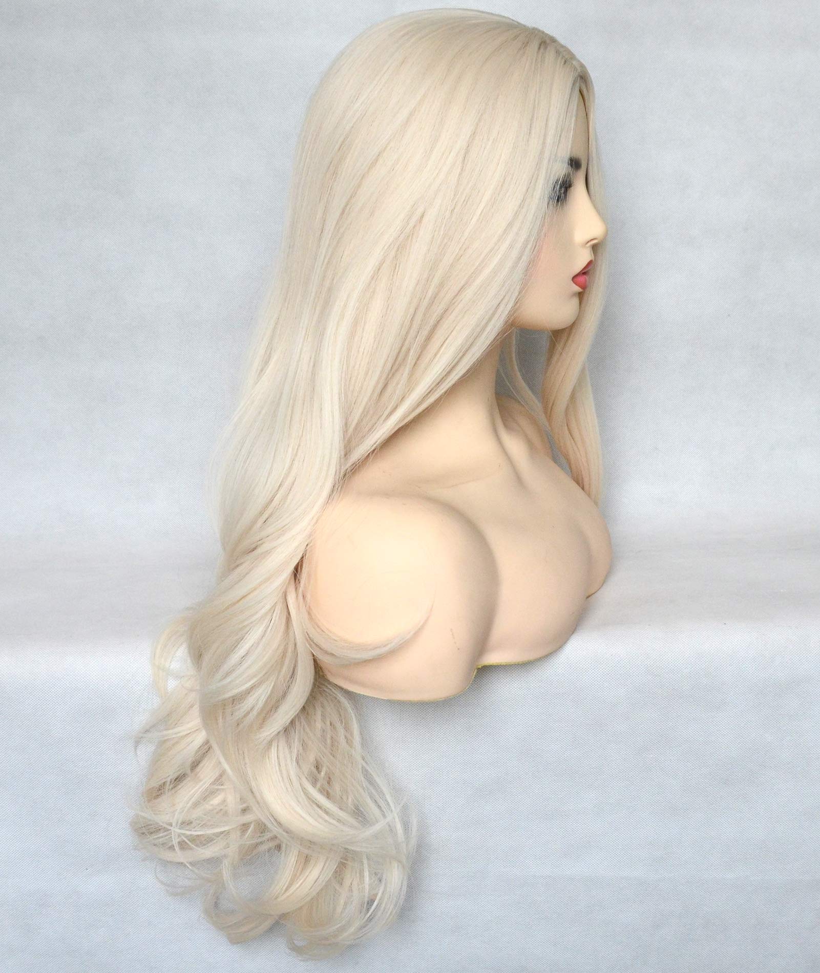 Bluple Platinum Blonde 60# Synthetic 13X4X1 T-Lace Front Wig Long Natural Wavy Heat Resistant Synthetic Hair Replacement Full Wi