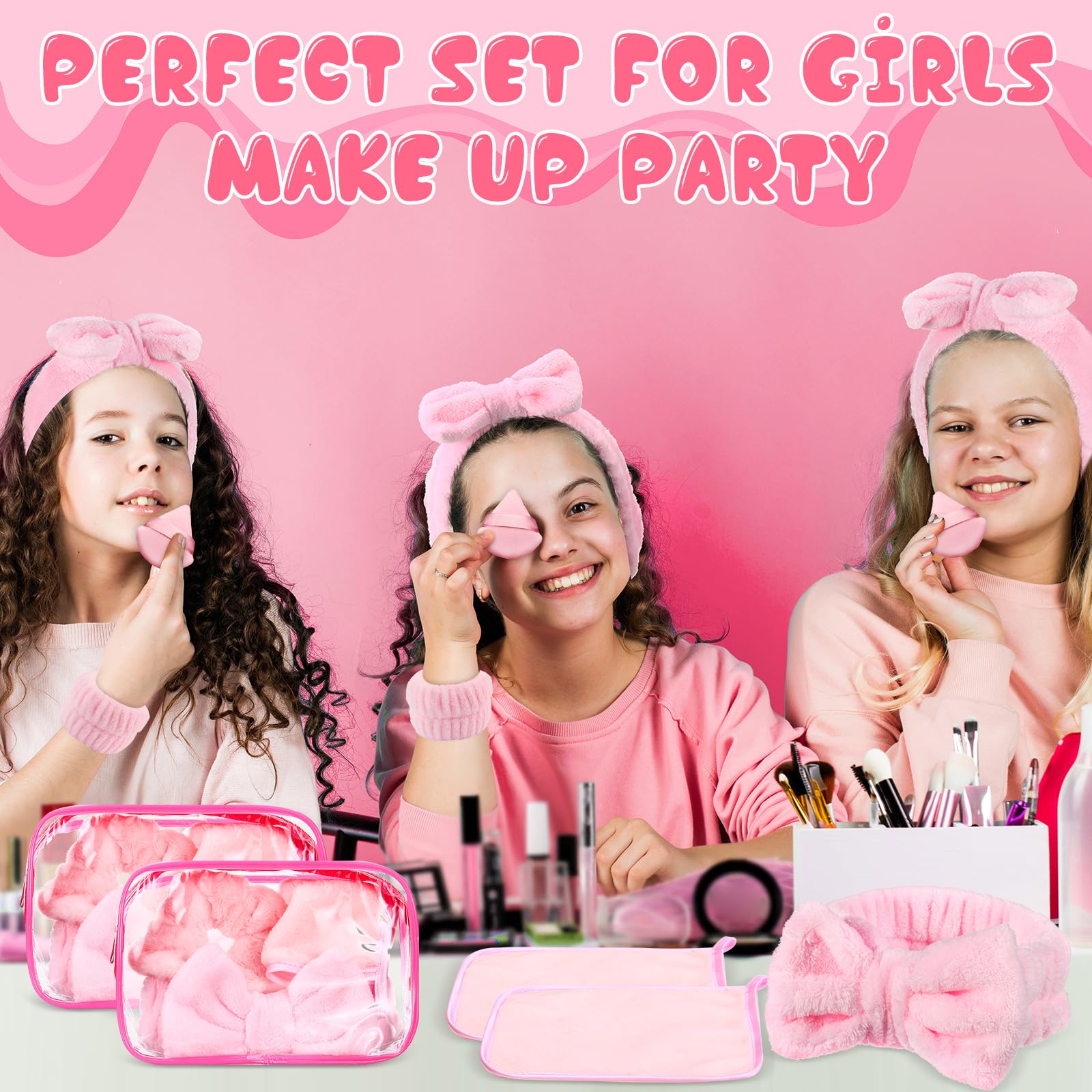 Hoteam 36 Pieces Spa Sleepover Party Supplies for Girls Makeup Party Supplies 6 Spa Headband 6 Wristband 6 Velvet Scrunchies 6 M