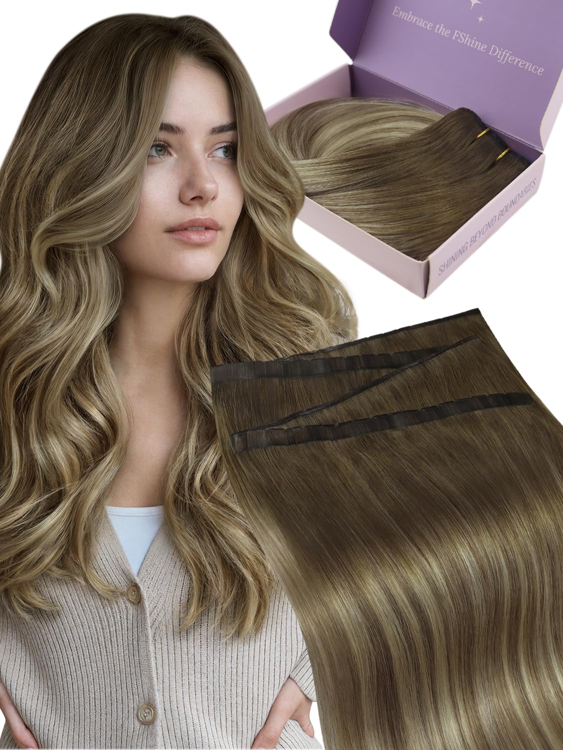 Fshine Butterfly Weft Hair Extension Real Human Hair, 24 Inch Chestnut Brown with Golden Blonde Highlights 100 g, Seamless Invis