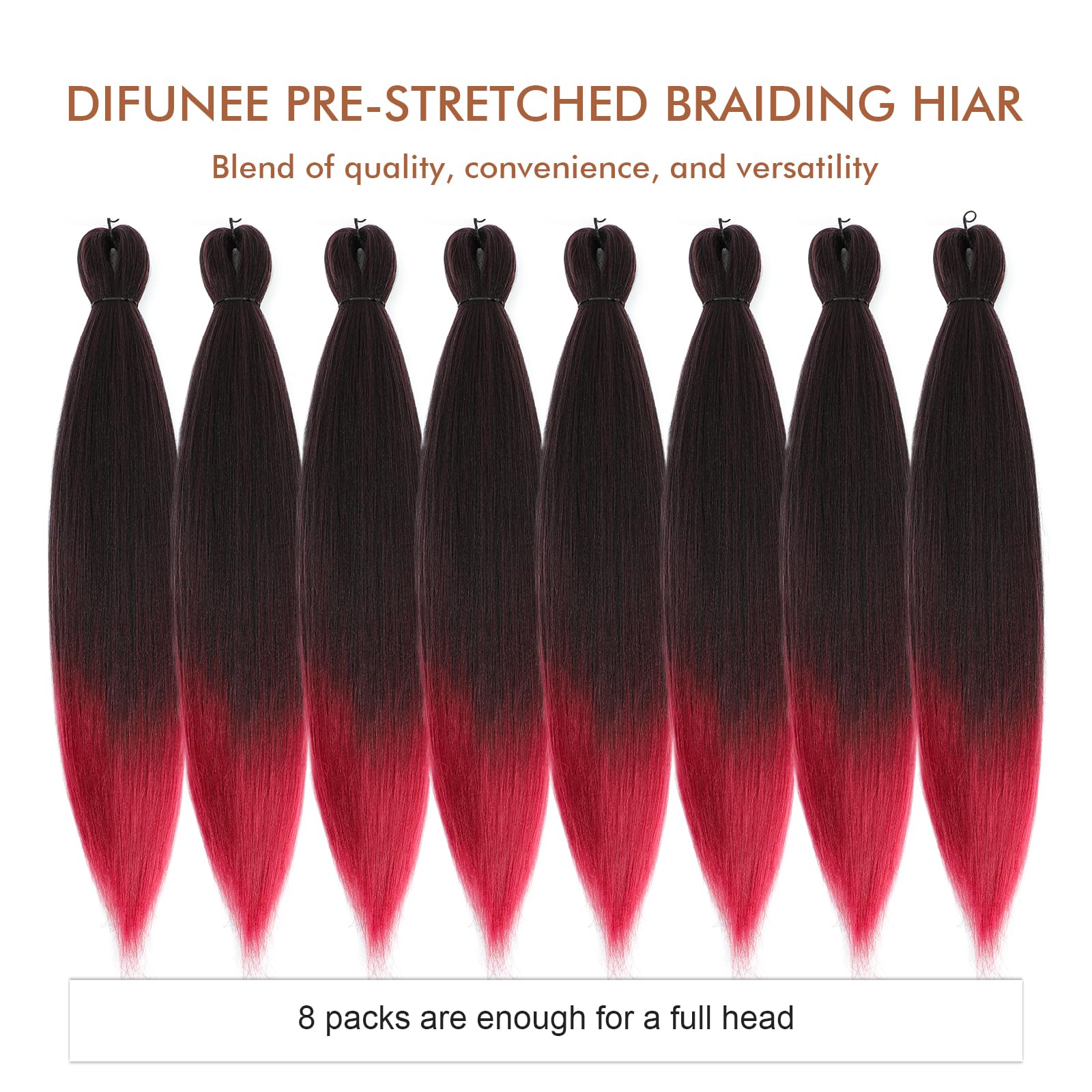 Difunee Pre-Stretched Braiding Hair - 16 Inch 8 Packs Ombre Red Short Braiding Hair For Twist Or Box Braids, Yaki Texture Hot Wa