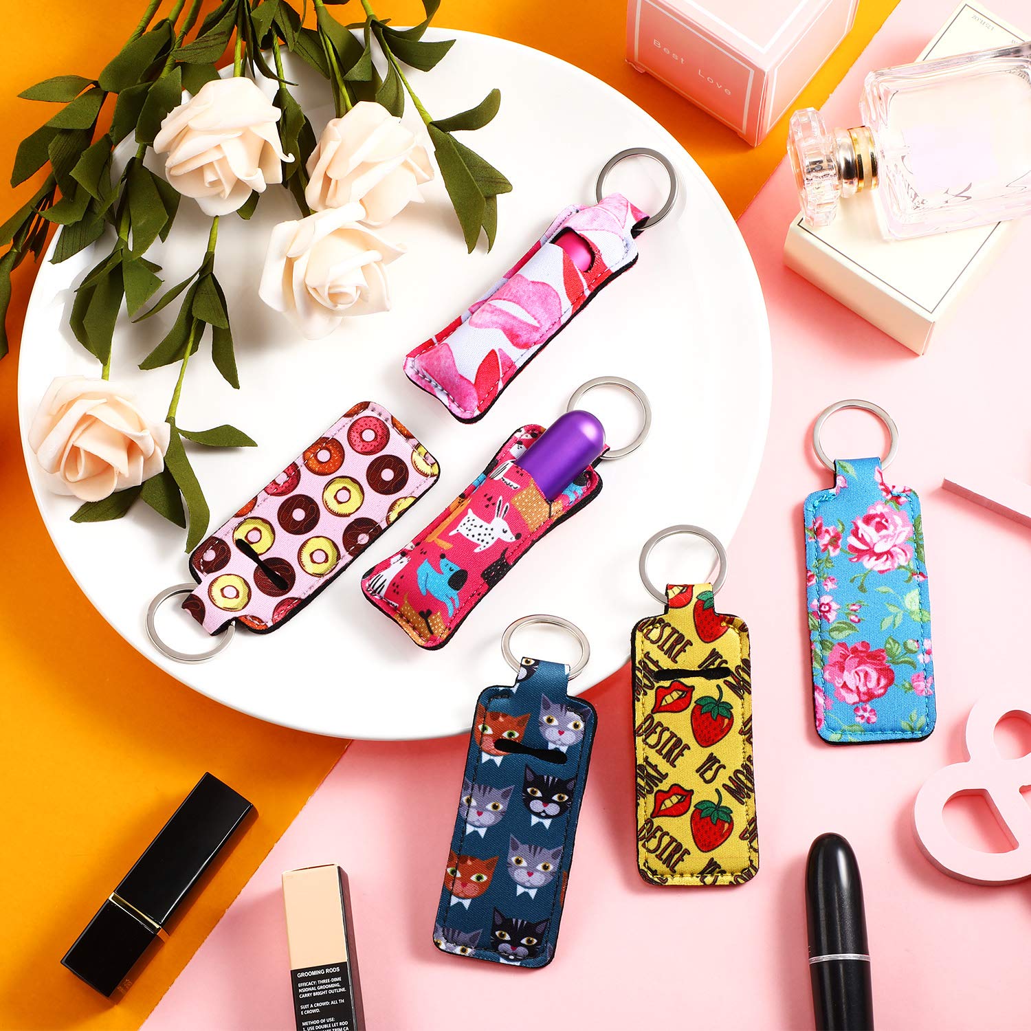 Frienda 12 Pieces Lipstick Holder Keychain Bulk Neoprene Lip Balm Lip Gloss Lipstick Sleeve Pouch with Metal Ring for Lipstick L