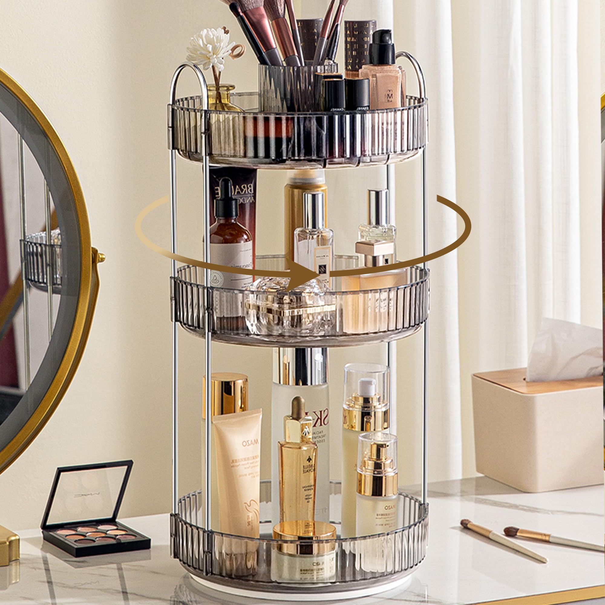Aveniee 360 Rotating Makeup Organizer For Vanity, Upagraded Perfume Skincare Bathroom Counter Organizers With Brush Divider, 3 T