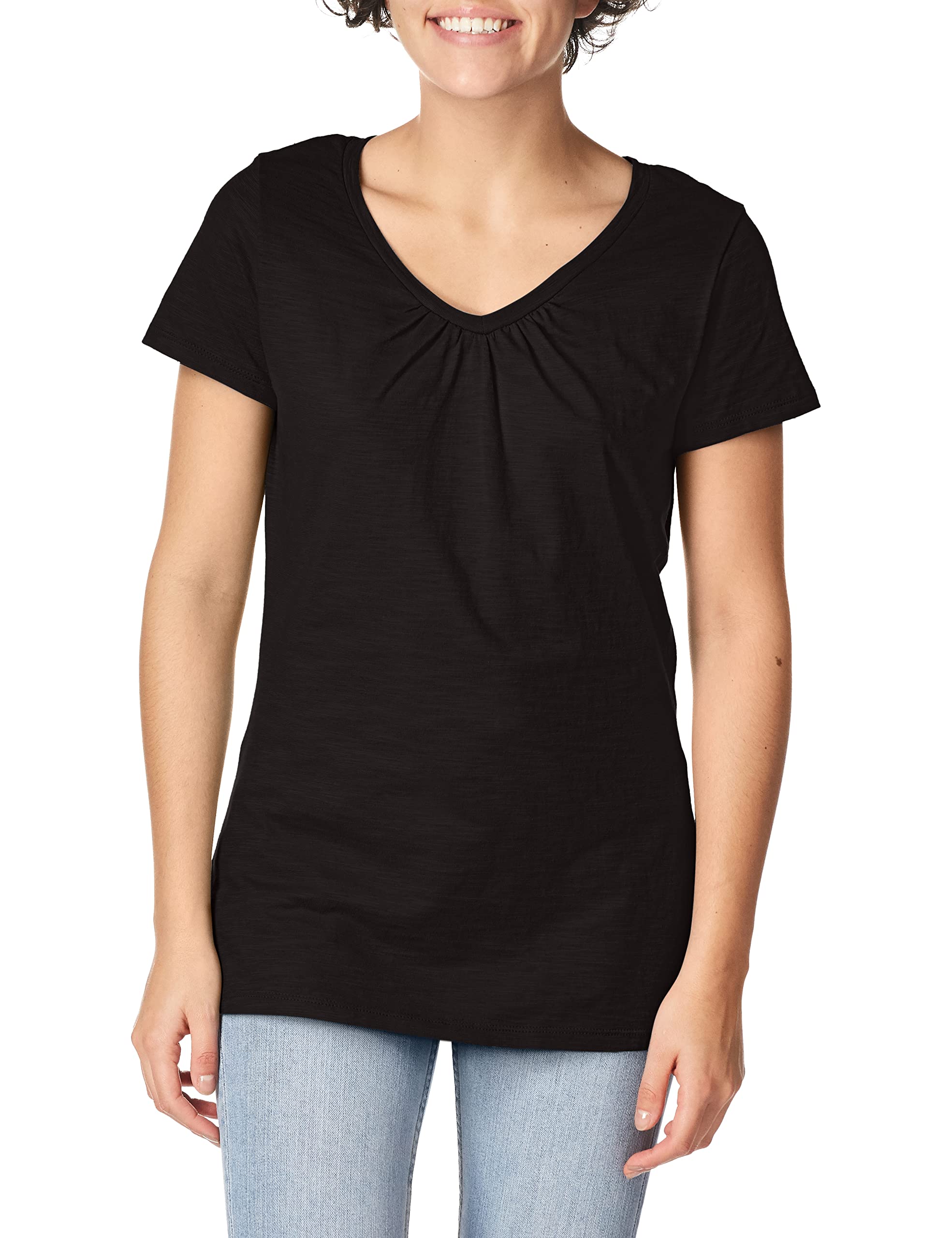 Hanes Womens Shirred V-Neck T-Shirt, Black, X-Large
