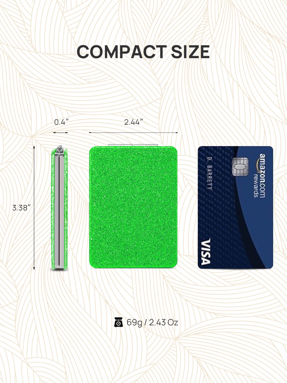 Omiro Compact Mirror, Glitter Pu Leather 1X/3X Magnification, Ultra Portable For Purses, 2.4'' W X 3.4'' L (Green)