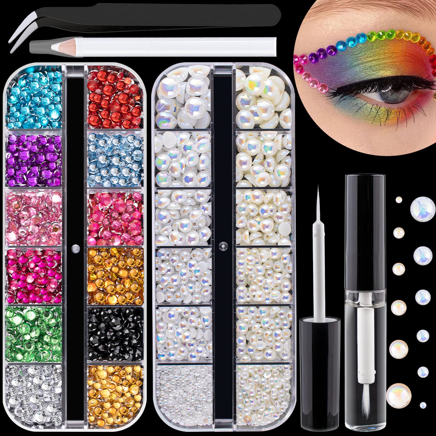 Flat Back RhinestoneHalf Round Pearl Kits colorful RhinestonesWhite ABBeige AB Pearls With Quick Dry Makeup gluePicker PencilTwe