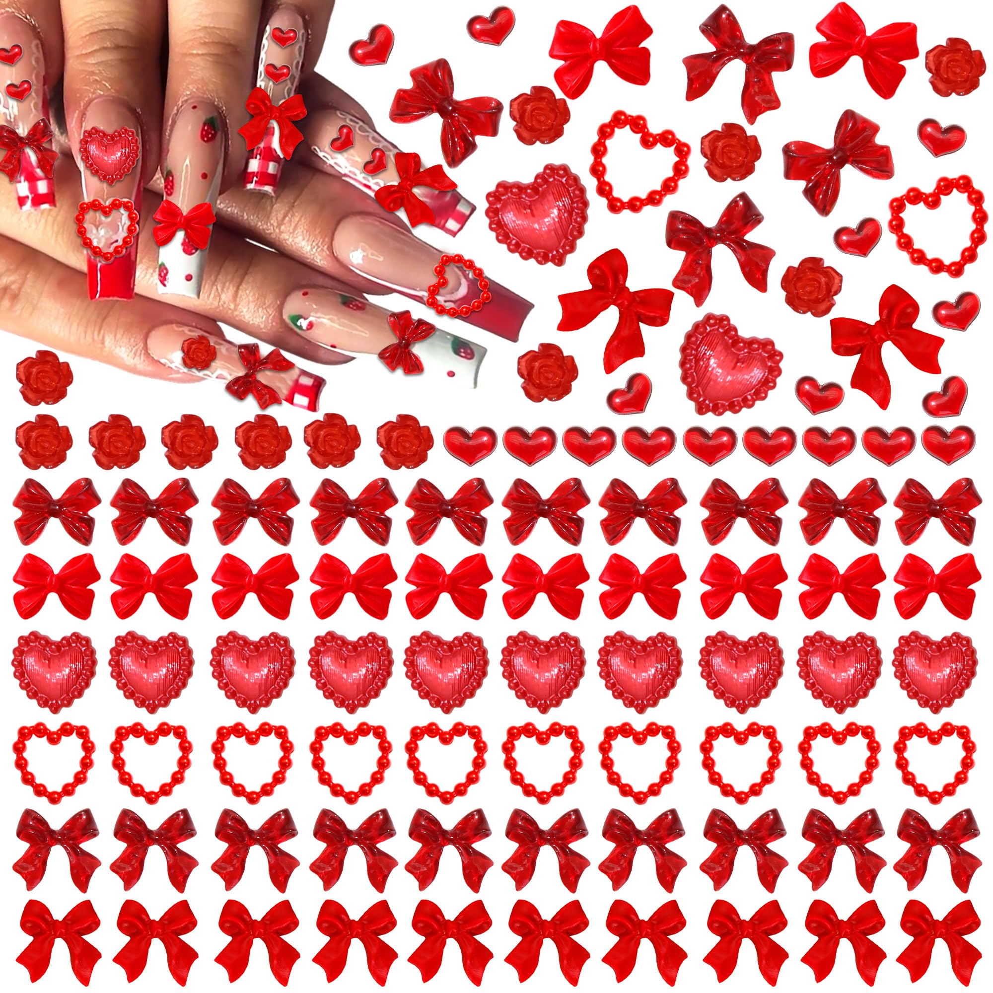 RODAKY Valentines Day Nail Charms Red Heart Charm for Nails Resin Bow Charms and Gems Cute Nail Decor for V-Day Manicure DIY Na