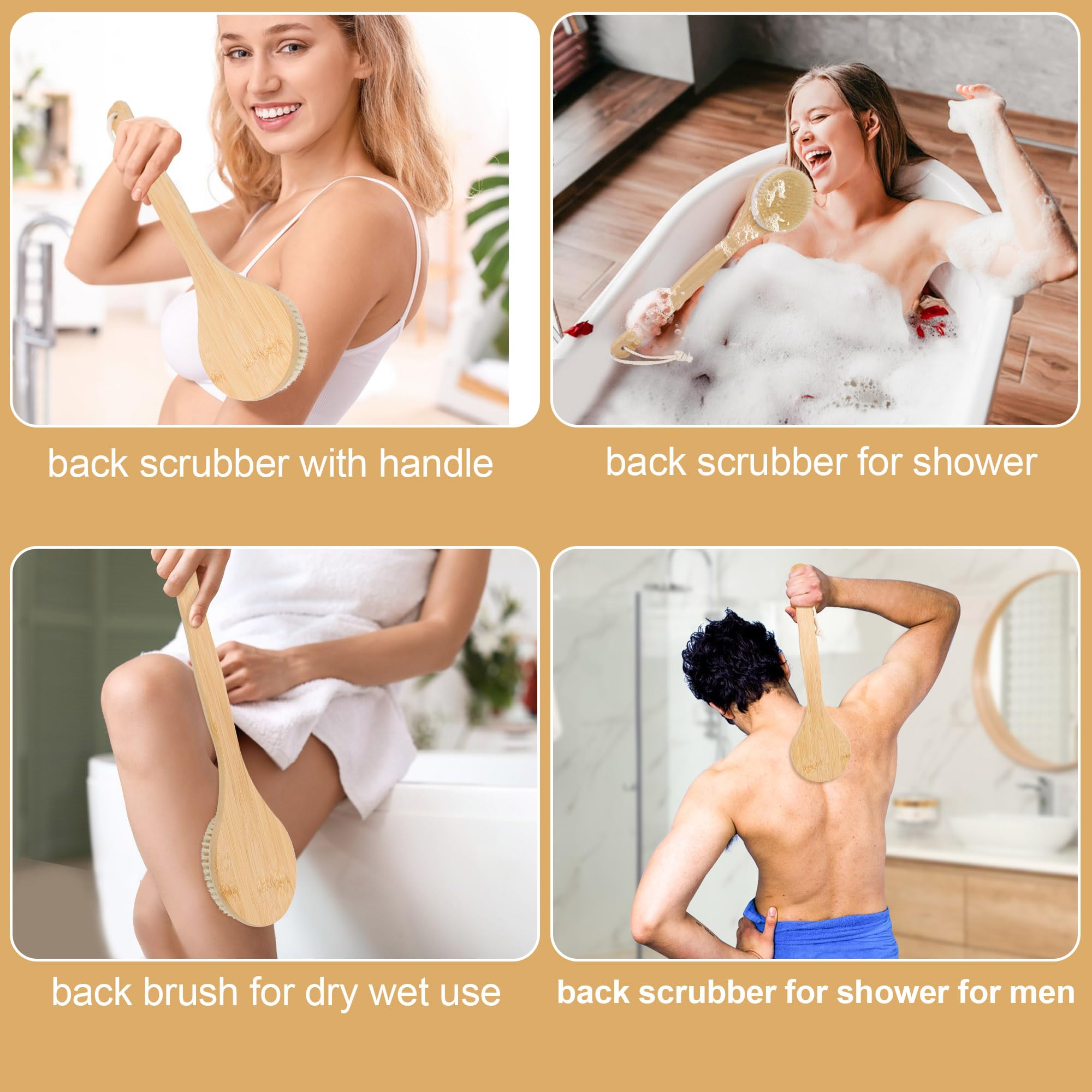 Owiizi Back Scrubber Brush For Shower, Round Head Bristle Body Large Area Deep Cleanse Bath Brushes, Bamboo Long Handle Skin Exf