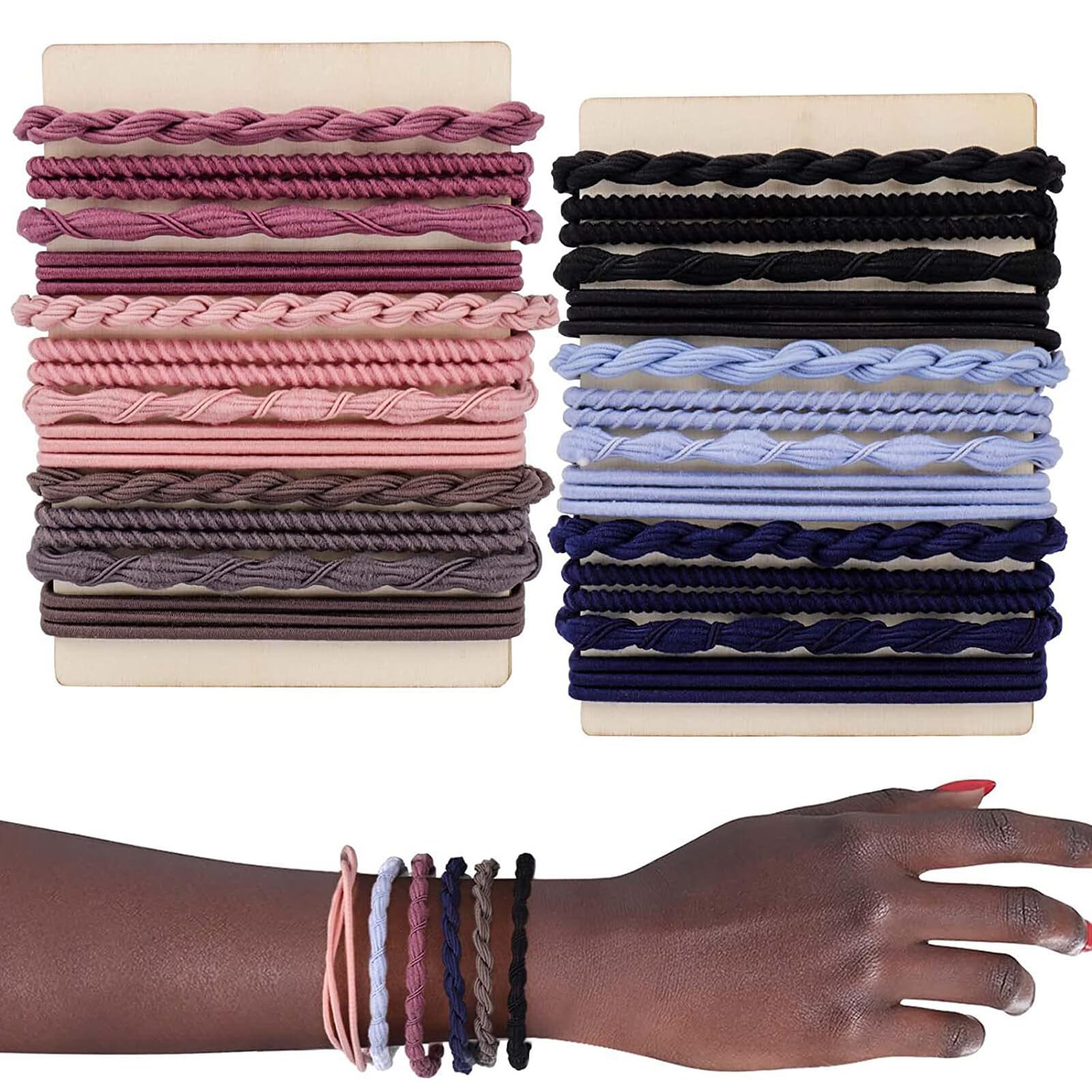 24PCS Boho Hair Accessories Set for Women: Elastic Tie Bracelets in 5 Neutral & 10 Vibrant Colors for Thick/Thin Hair and Ponyta