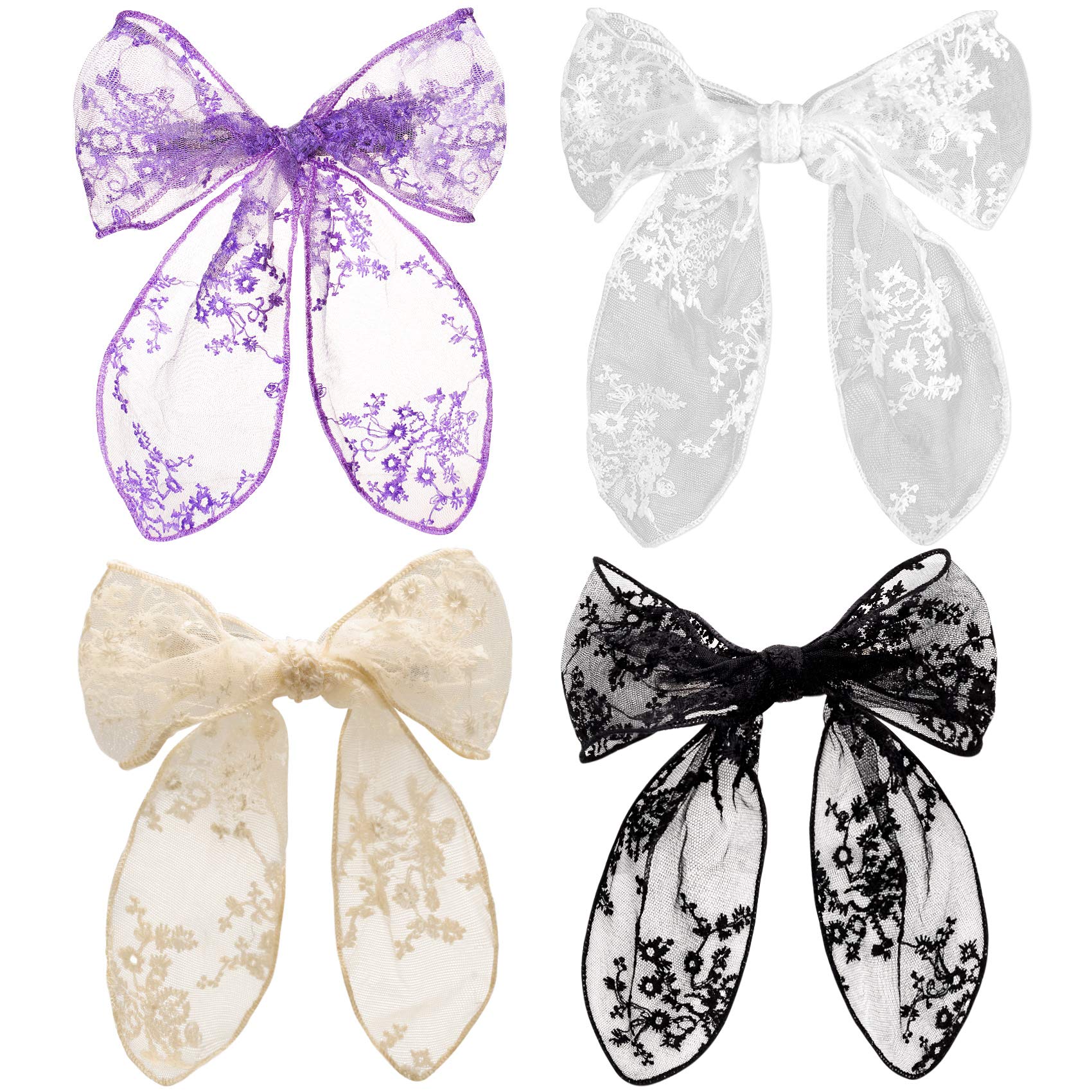 Pagow 4Pcs Lace Bow Hair Clips, Korean-Style Flower Hair-Bow Barrette Hair Accessories, Handmade Hair Decor For Women Girls (4 C