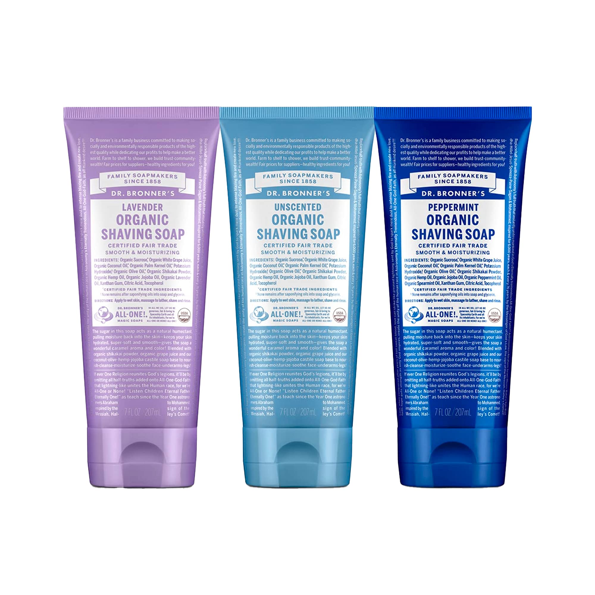 Dr. Bronner's - Organic Shaving Soap (7 oz Variety Pack) Lavender, Baby Unscented, & Peppermint - Certified Organic, Sugar & Shi