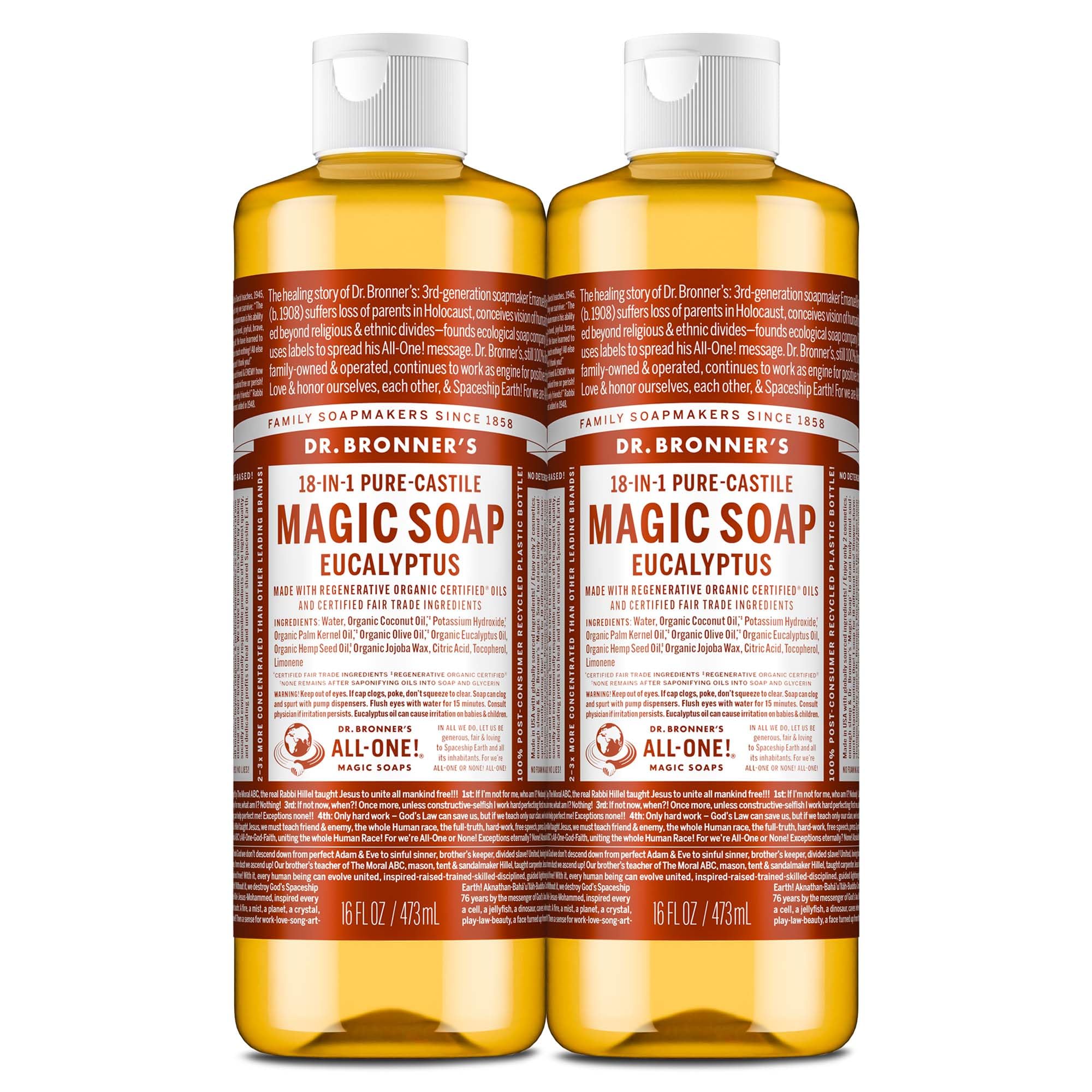 Dr. Bronner 's Magic Soap - Pure-Castile Liquid Soap (Eucalyptus, 16 ounce, 2-Pack) -Regenerative Organic Certified Oils, 18-in-