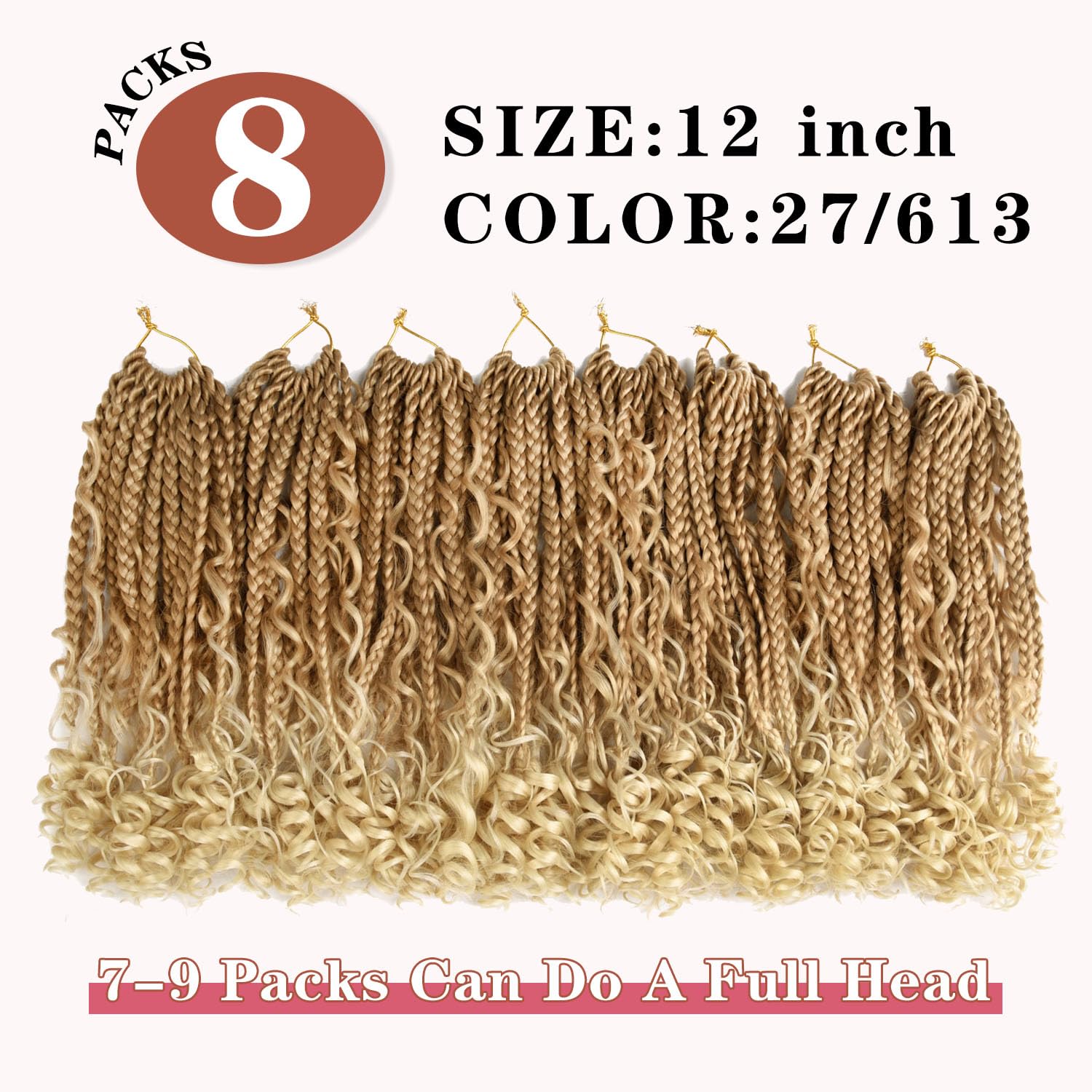 SUN LOCS 12 Inch Goddess Box Braids Crochet Hair - 8 Packs, Synthetic, Color 27/613# with Curl Ends