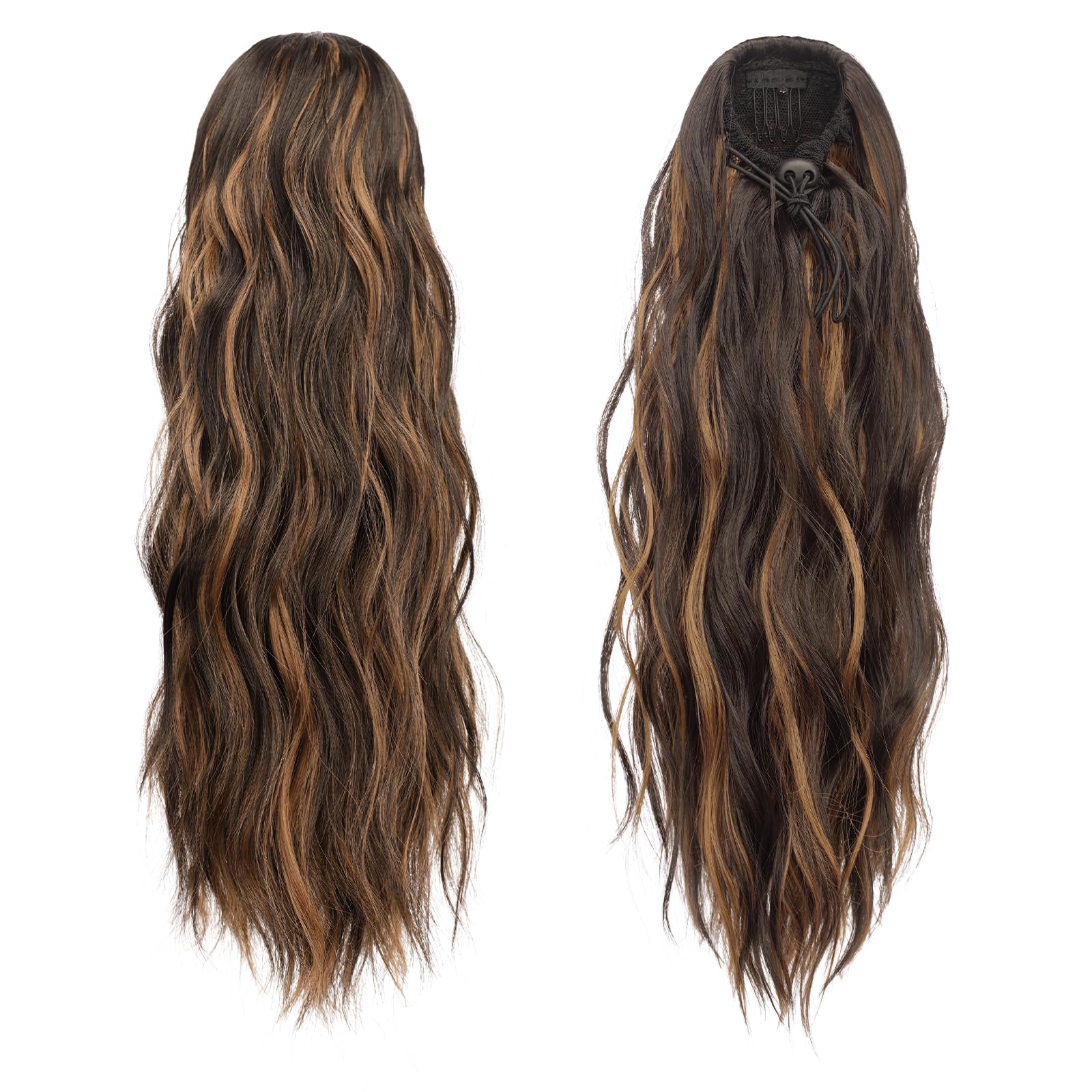 FESHFEN Ponytail Extensions, Drawstring Ponytails Hair Extension Black & Caramel Brown Long Curly Wavy Hair Piece Synthetic Pony