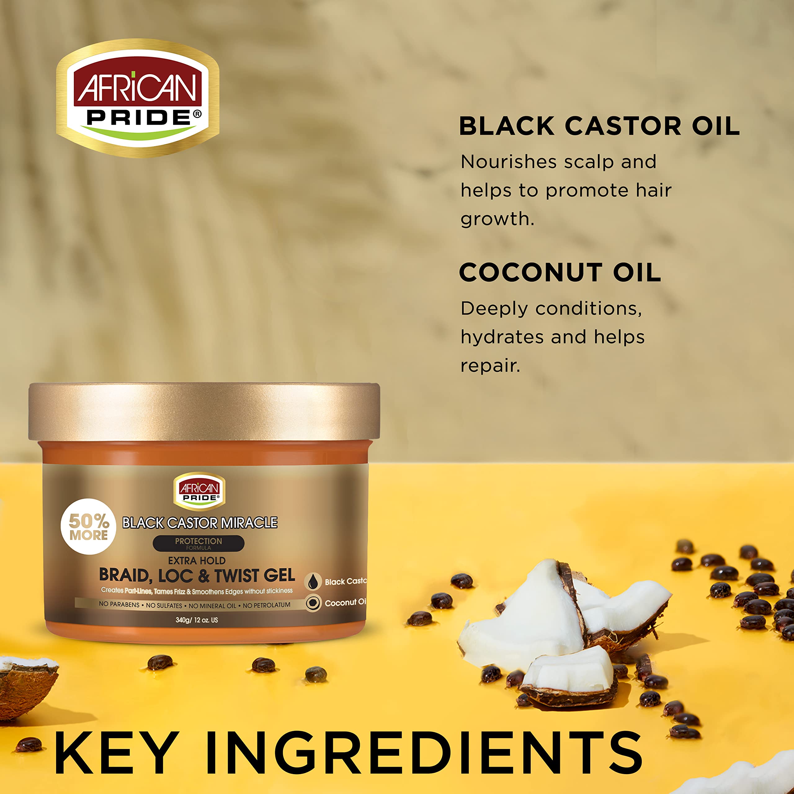 African Pride Black Castor Miracle Extra Hold Braid, Loc, Twist Gel - Tames Frizz & Controls Edges, No Parabens, No Sulfates, No