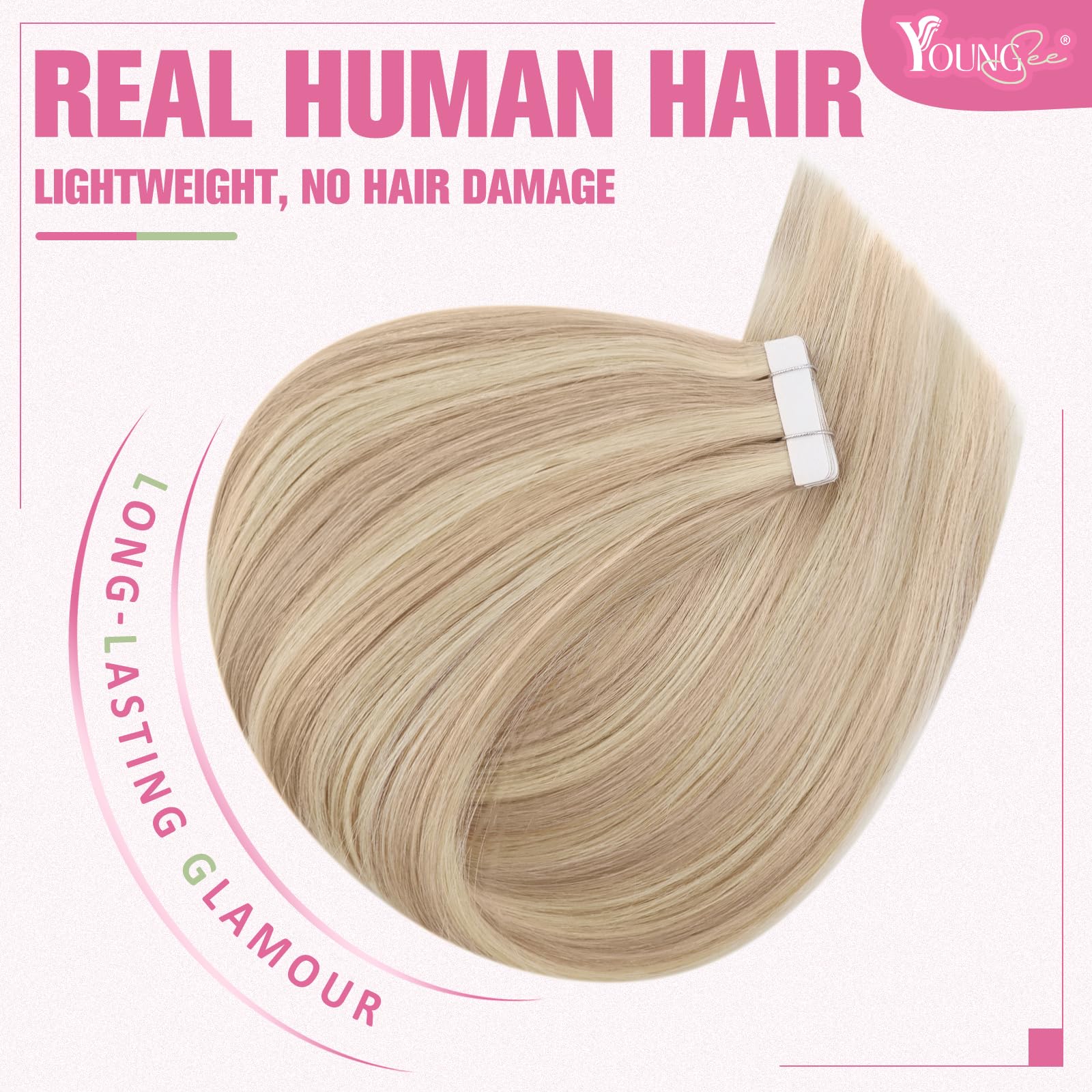 YoungSee Tape in Human Hair Extensions Blonde Highlight Hair Tape in Extensions Light Blonde Highlighted Strawberry Blonde Tape