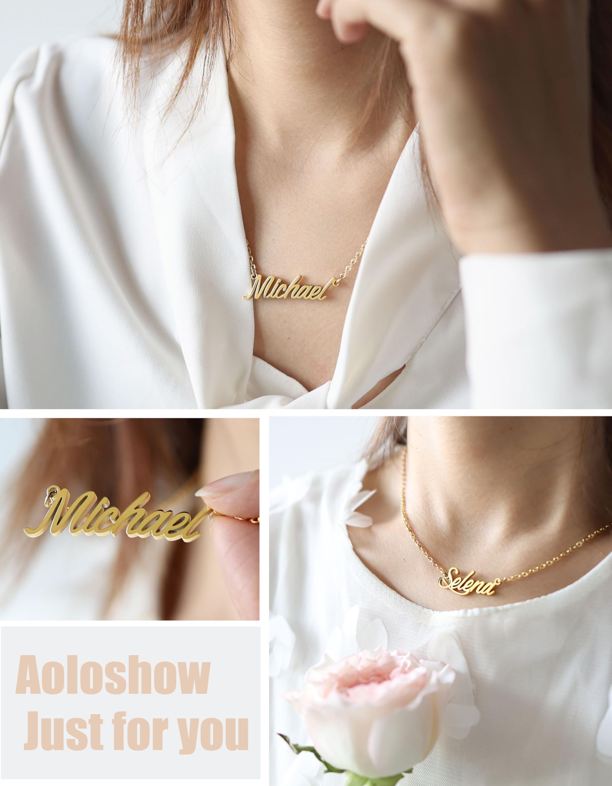 Aoloshow Monica Name Necklace Stainless Steel 18k Gold Plated Initial Name Necklace Jewelry for Wife Valentine Day