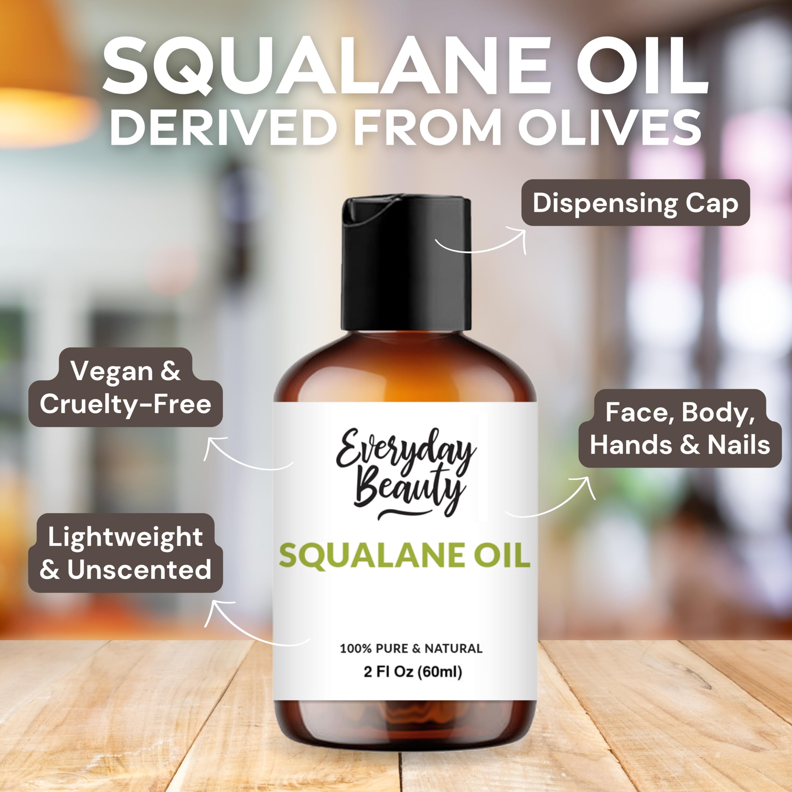 Everyday Beauty Squalane Oil - 100% Pure & Natural Facial Oil, 2 Fl Oz - Cold Pressed, Unrefined Moisturizer for Skin & Hair