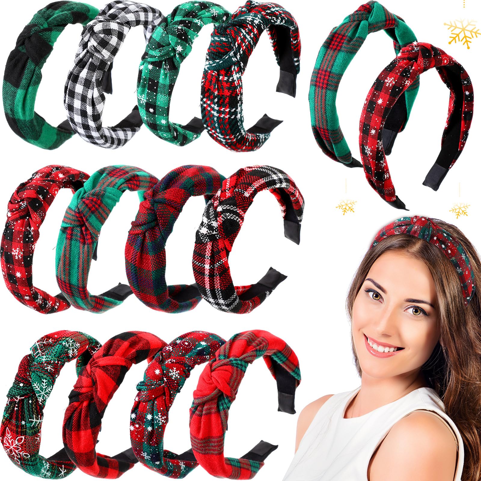 Yilloog 12 Pcs Christmas Knotted Retro Hair Band Snowflake Buffalo Plaid Headband Green Red for Women Wide Accessories Holiday H