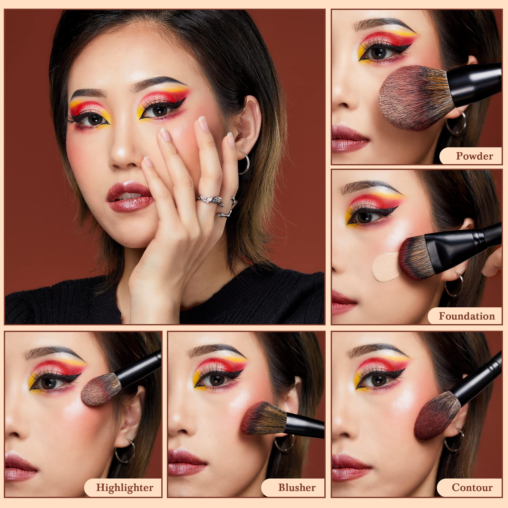 Jessup Large Face Makeup Brushes 5Pcs, Premium Synthetic Foundation Powder Contour Blusher Highlighter Brush, Phantom Black T273