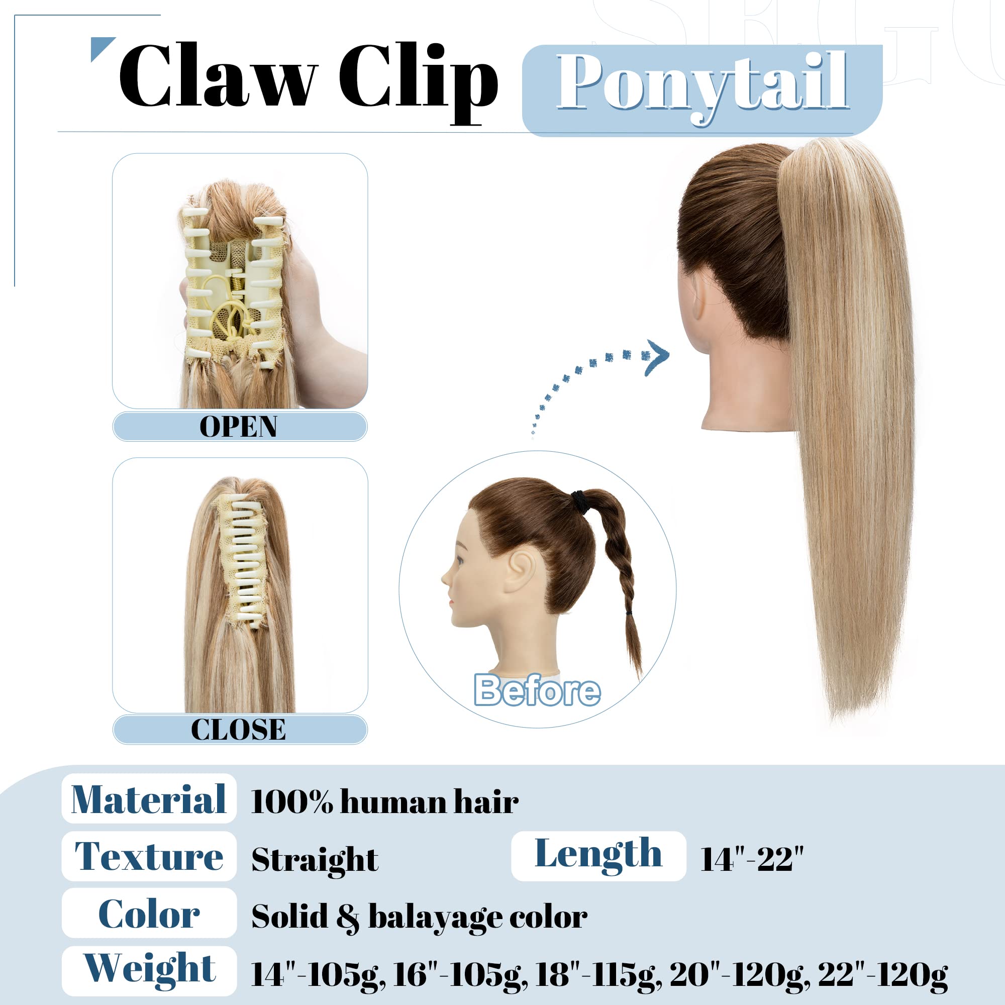 SEGO Claw Clip Ponytail Extension Human Hair Clip in Real Pony Tails Long Straight For Women 22 Inch Golden Brown&Bleach Blonde