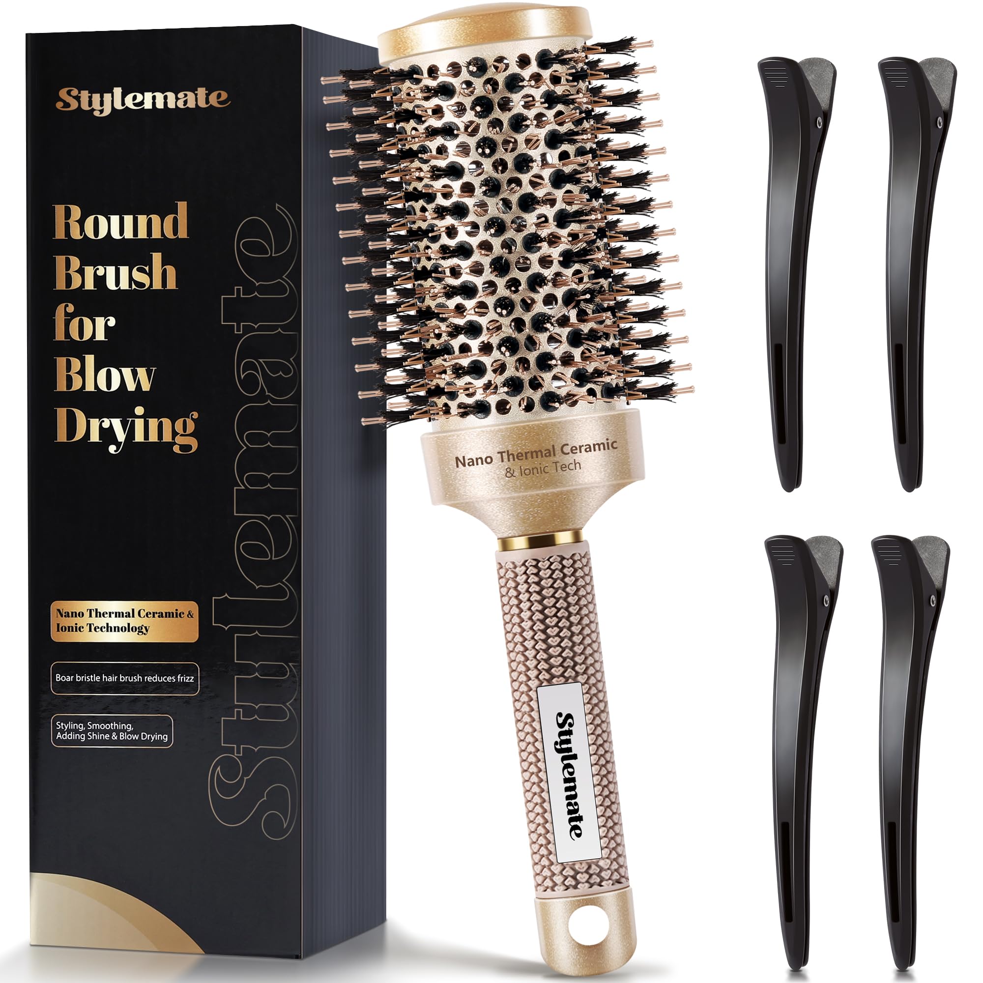 Round Brush for Blow Out, Nano Thermal Ceramic & Ionic Tech Round Barrel Roller Hair Brush with Boar Bristles for Blow Drying an