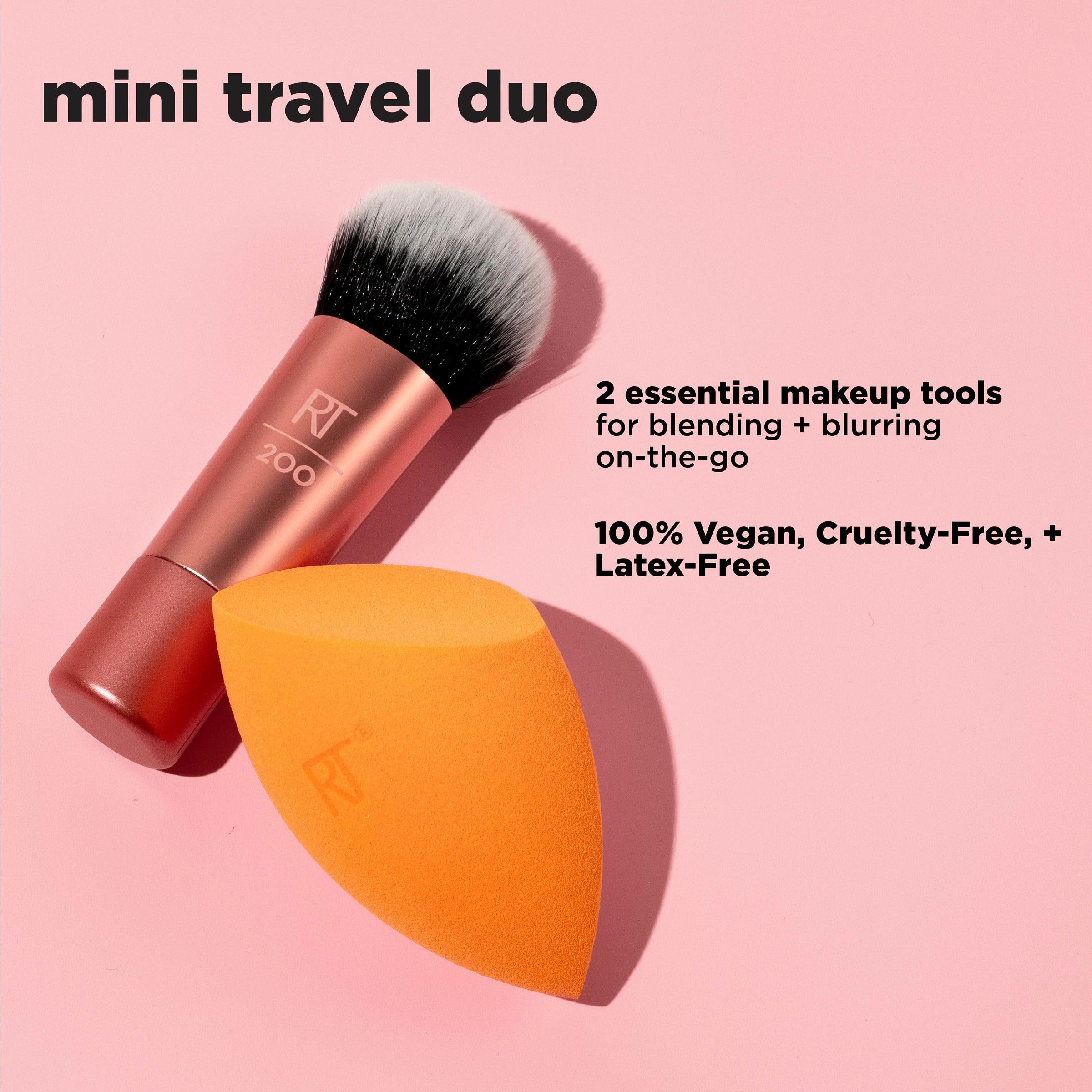 Real Techniques Mini Travel Duo, Makeup Brush Set For Traveling, Mini Foundation Brush & Makeup Blender Sponge For Blending On-T