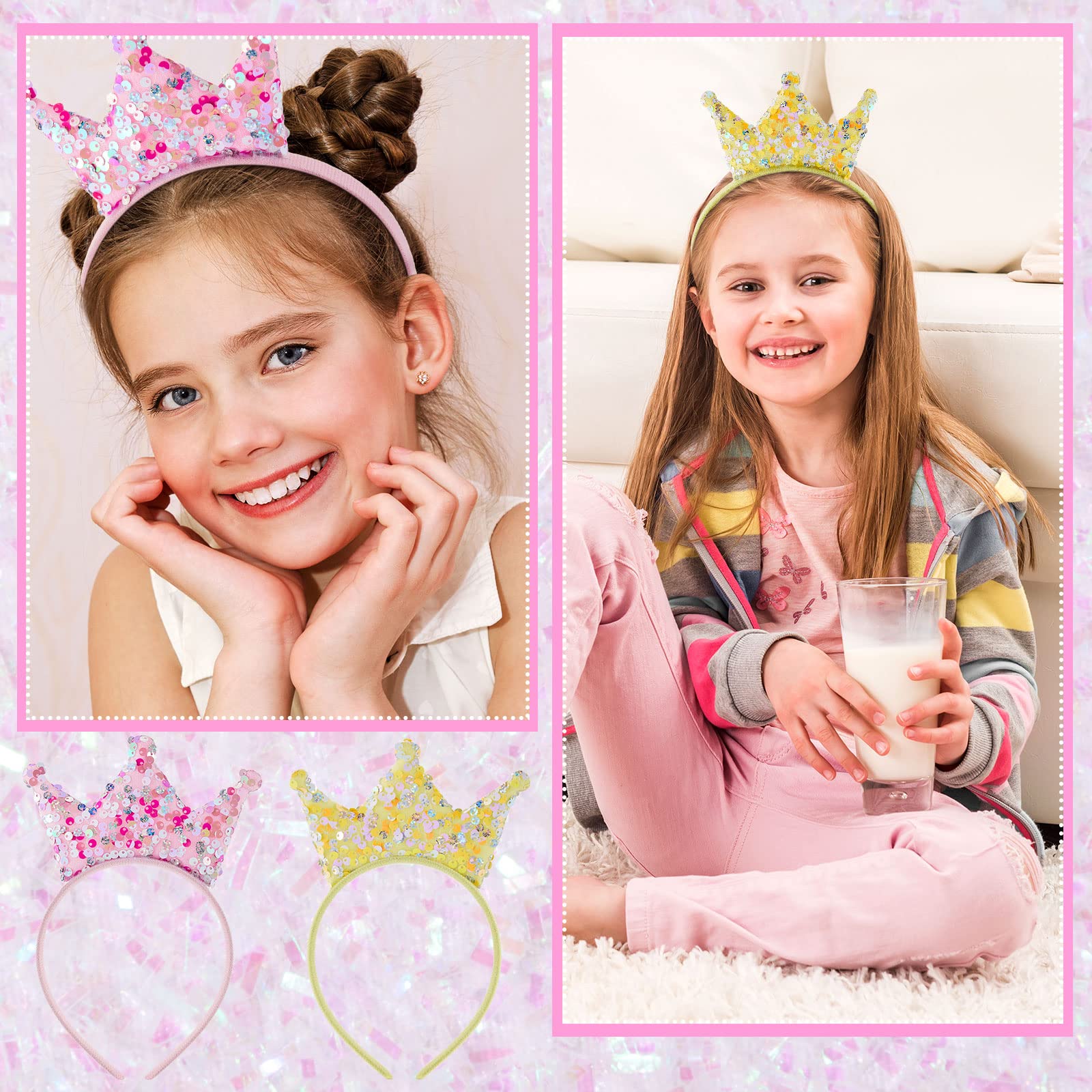 Juexica 12 Packs Princess Crown Headband Girls Glitter Headbands Sequin Crown Headband Princess Party Favors Tiaras for Girls(Mu