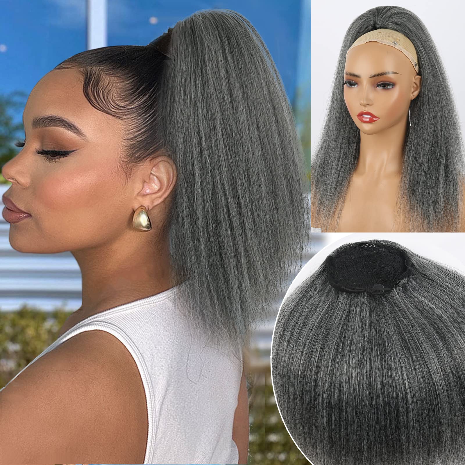 LEOSA Salt and Pepper Drawstring Ponytail for Black Women Gray Ponytail Extension Short Kinky Straight Ponytail Drawstring Yaki 