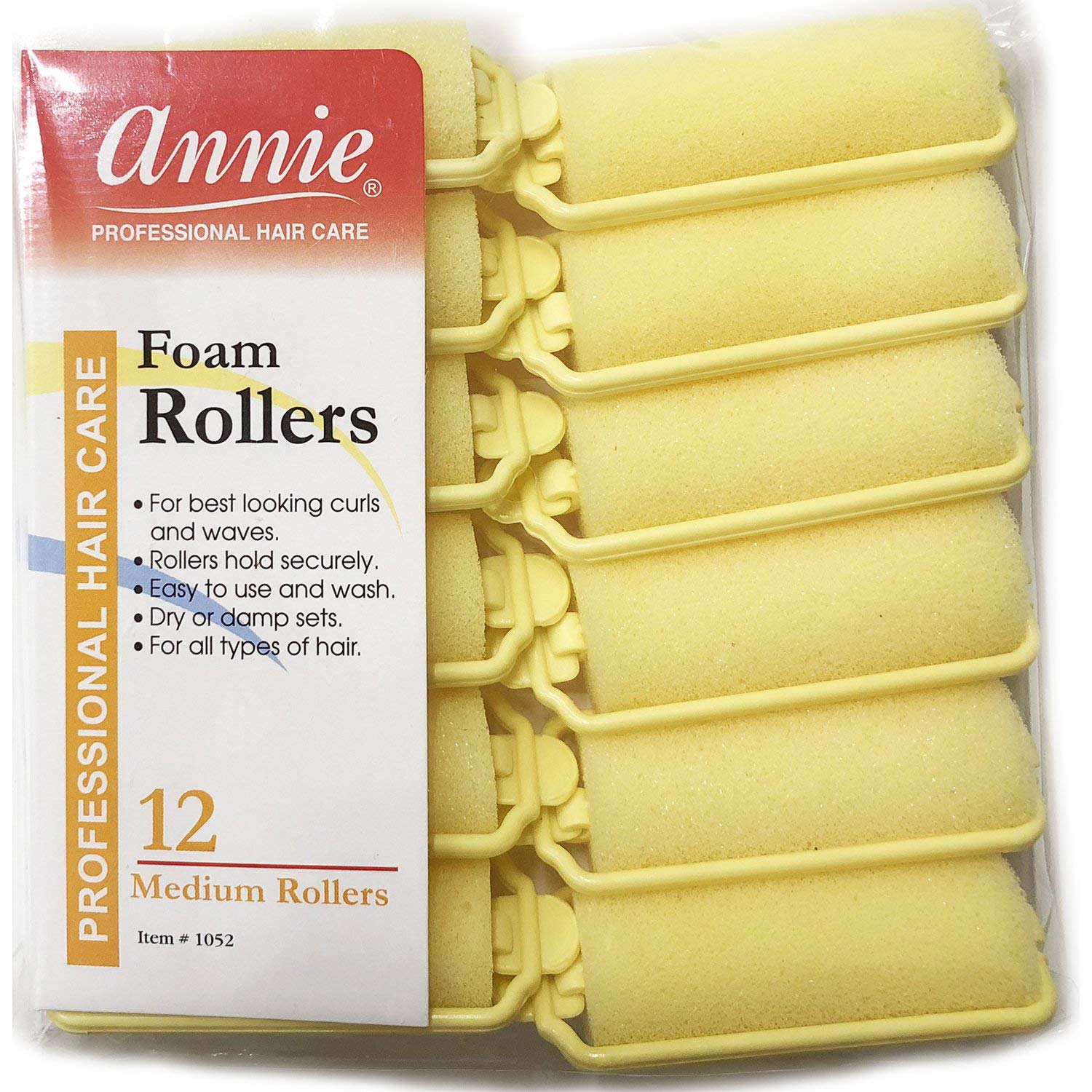 Annie Salon Style Medium Foam Hair Rollers - 7/8'' Yellow - 12 Piece Set - Soft Heat-less Hair Curling Tools