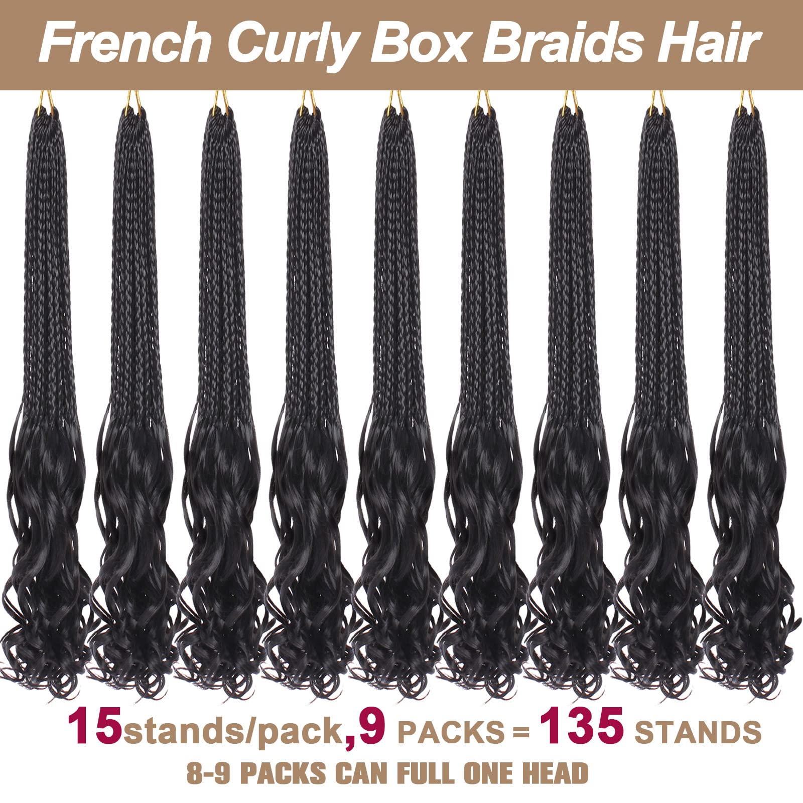 COOKOO 18 Inch 9 Pack Pre Looped French Curly Box Braids Crochet Hair Natural Black French Curl Braiding Hair with Curly Wavy En