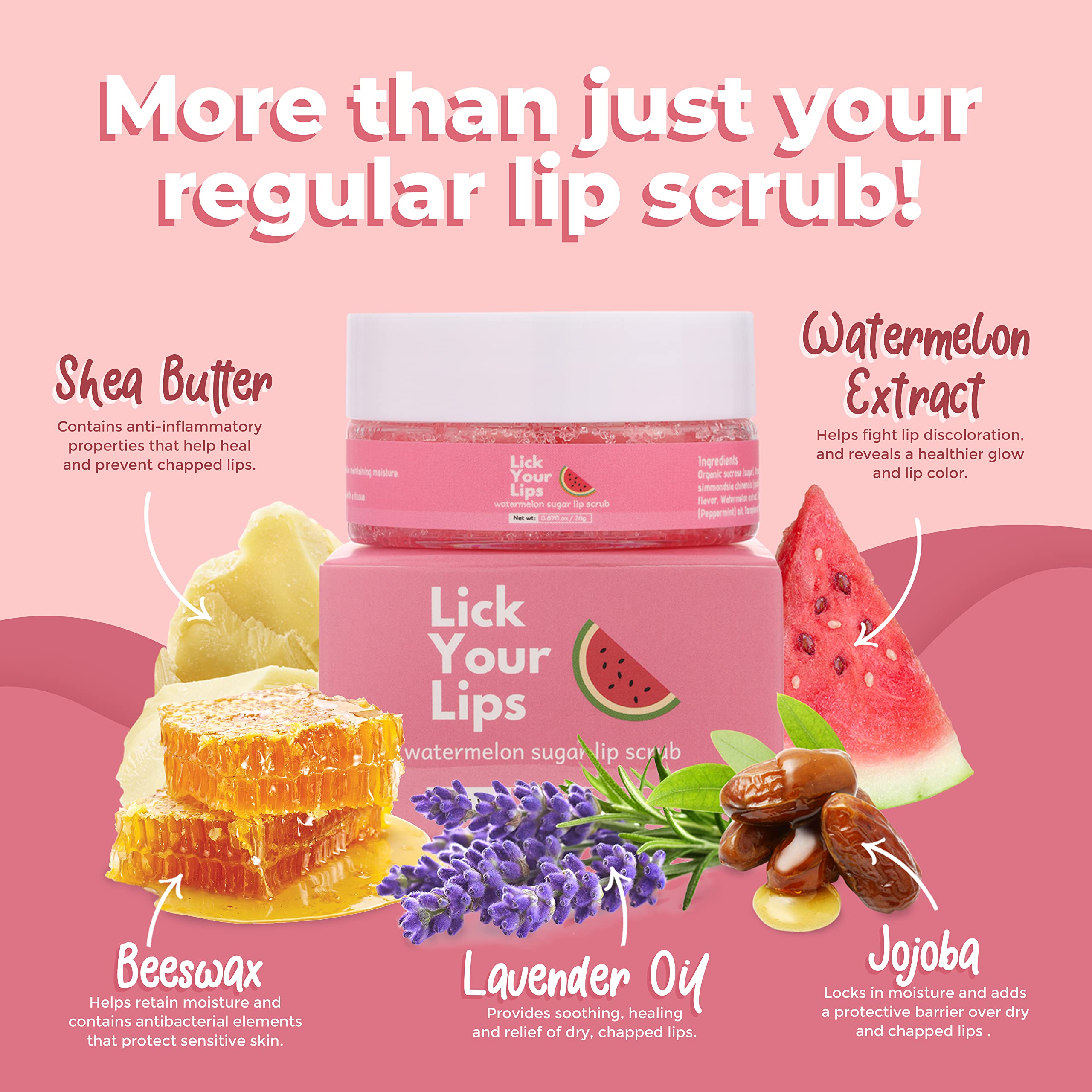 Watermelon Sugar Lip Scrub For Dry, Cracked And Dark Lips By Lick Your Lips - Organic Lip Scrubs Exfoliator And Moisturizer With