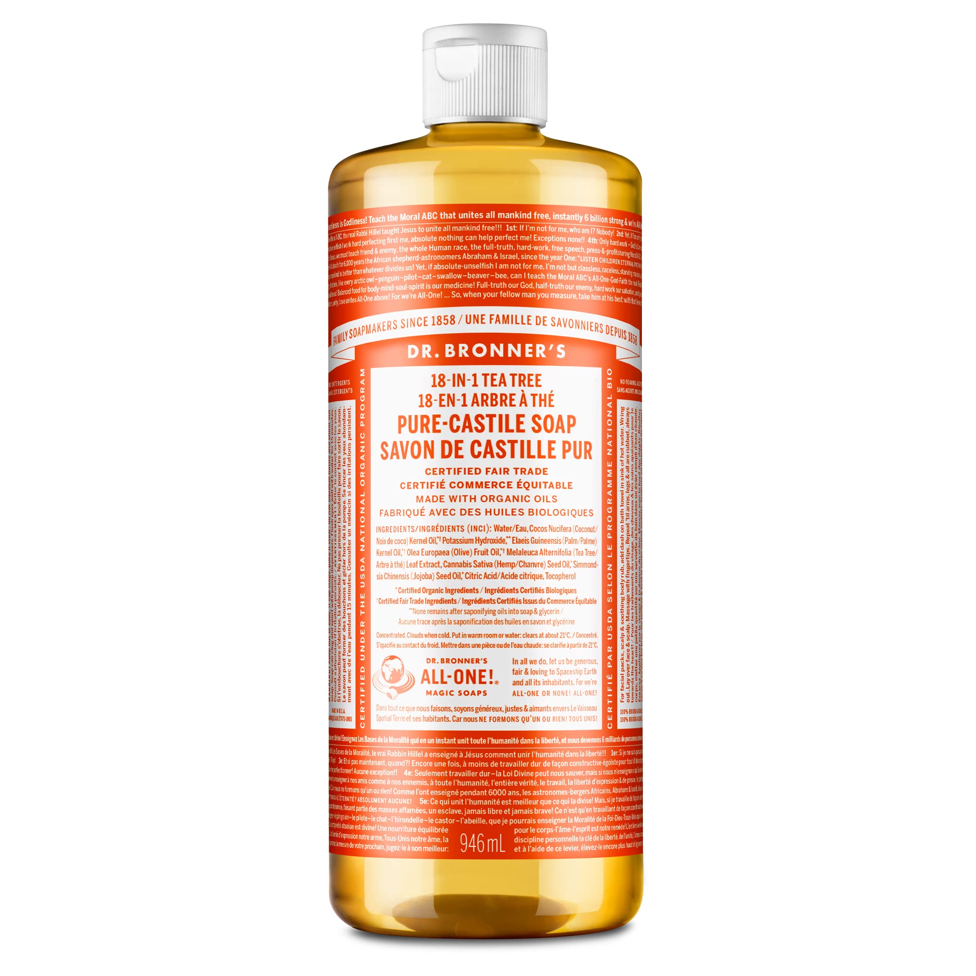 Dr. Bronners - Pure-Castile Liquid Soap (Tea Tree, 32 Ounce) - Made With Organic Oils, 18-In-1 Uses: Acne-Prone Skin, Dandruff,